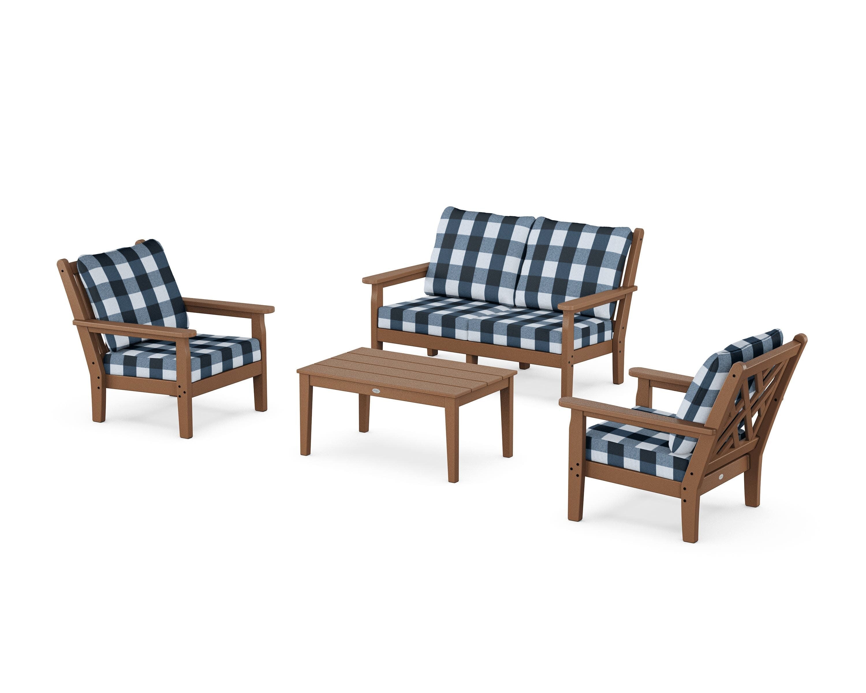 Chippendale 4-Piece Deep Seating Set with Loveseat in Teak / Buffalo Plaid Marine Indigo