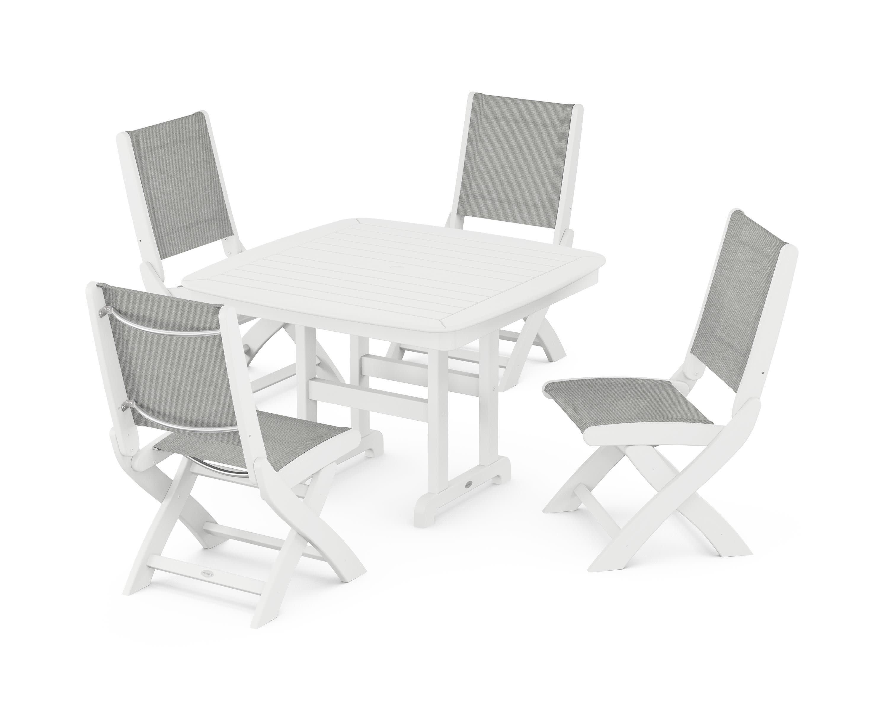 Coastal Folding Side Chair 5-Piece Dining Set in White / Metallic Sling