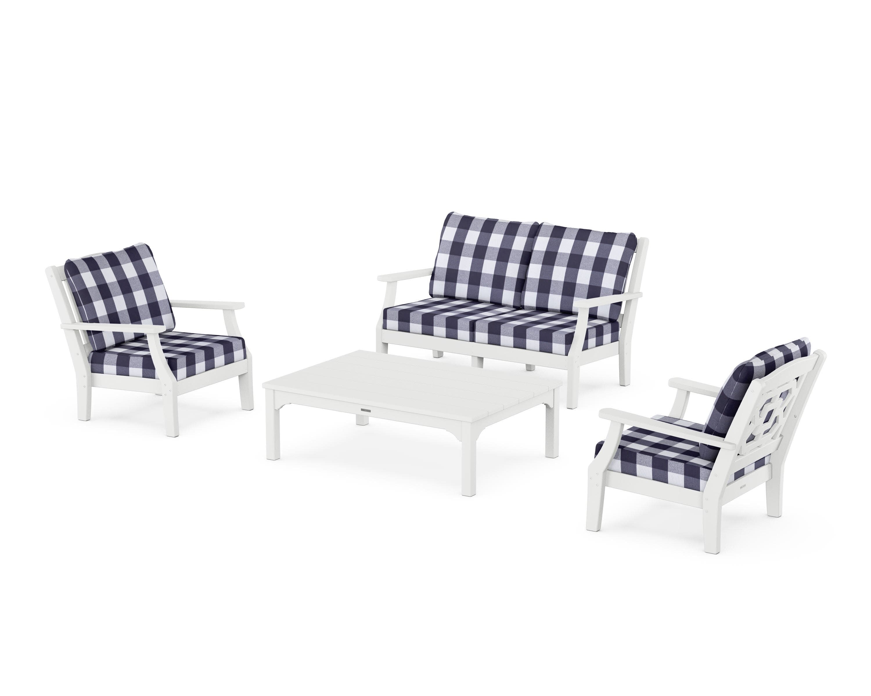 Chinoiserie 4-Piece Deep Seating Set with Loveseat in White / Buffalo Plaid Navy