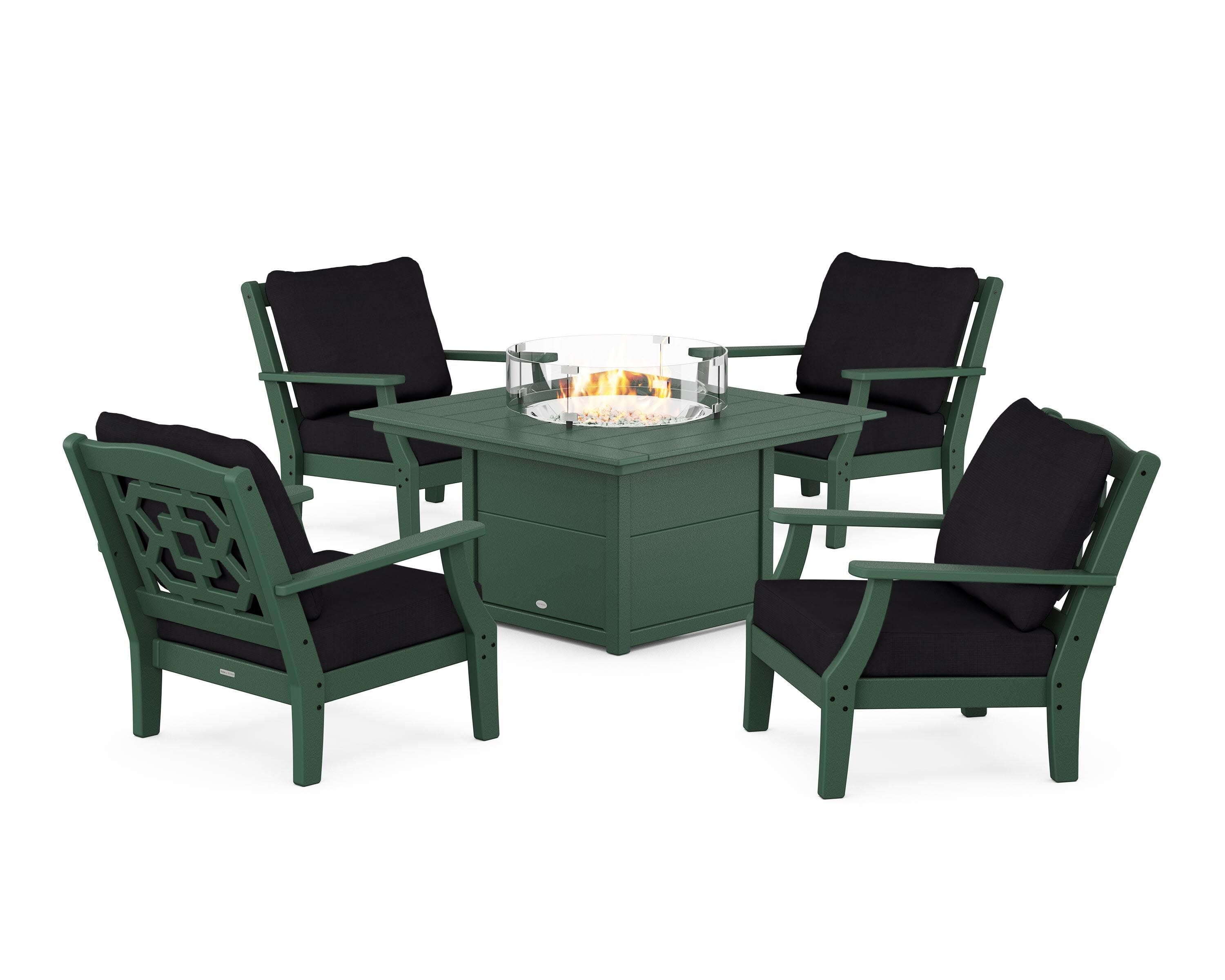Chinoiserie 5-Piece Deep Seating Set with Fire Pit Table in Green / Midnight Linen