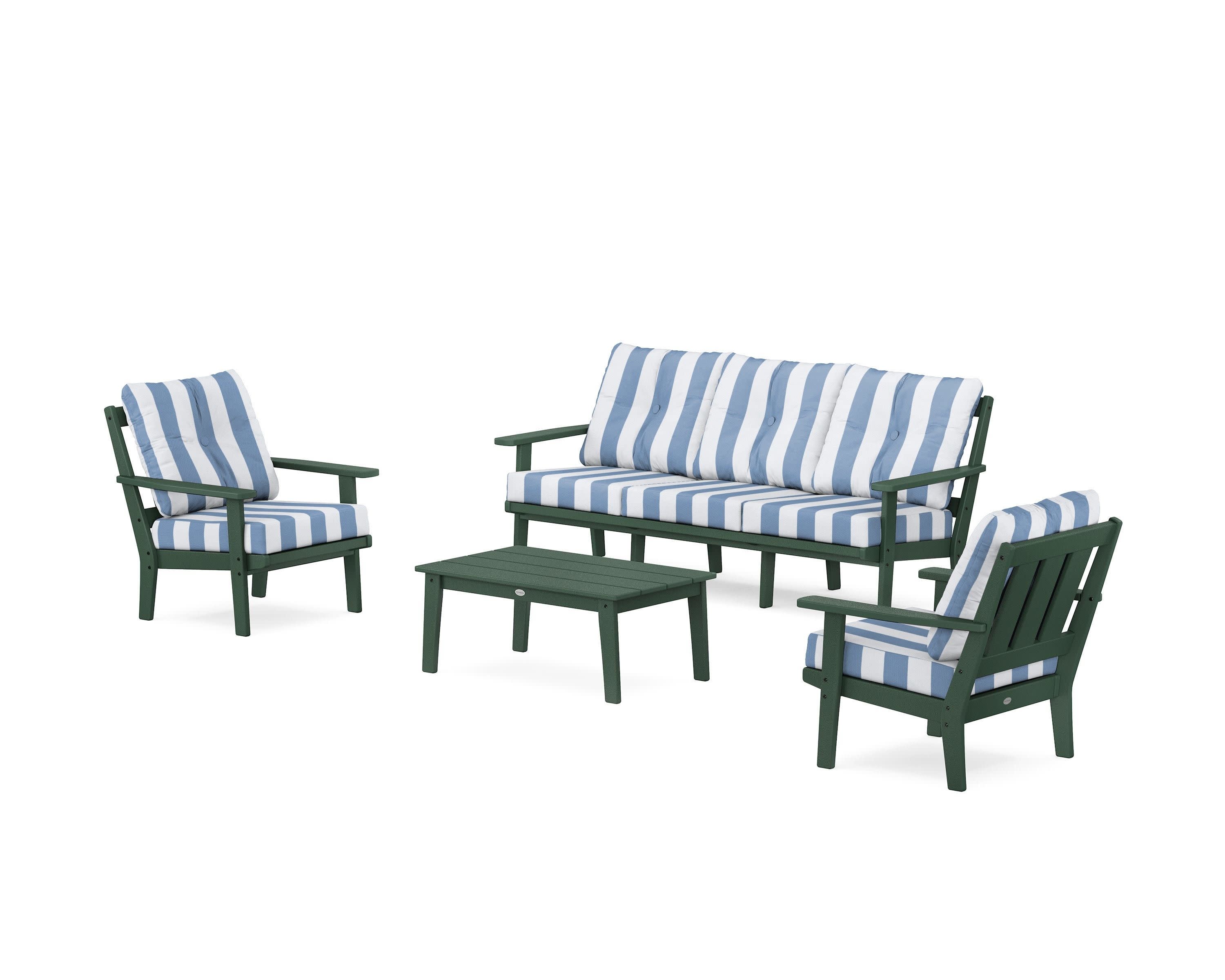 Oxford 4-Piece Deep Seating Set with Sofa in Green / Cabana Stripe Sky Blue
