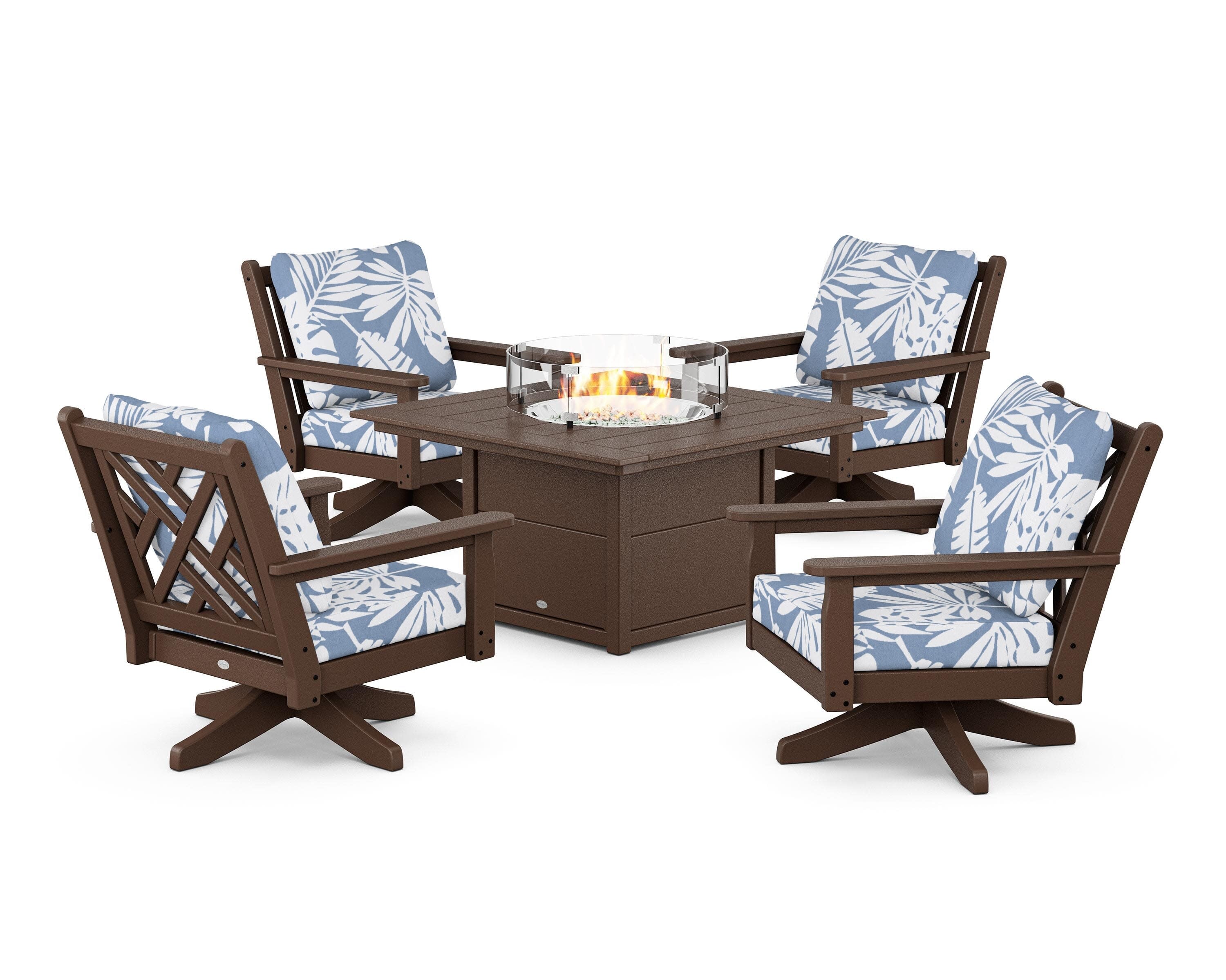 Chippendale 5-Piece Deep Seating Swivel Conversation Set with Fire Pit Table in Mahogany / Leaf Sky Blue