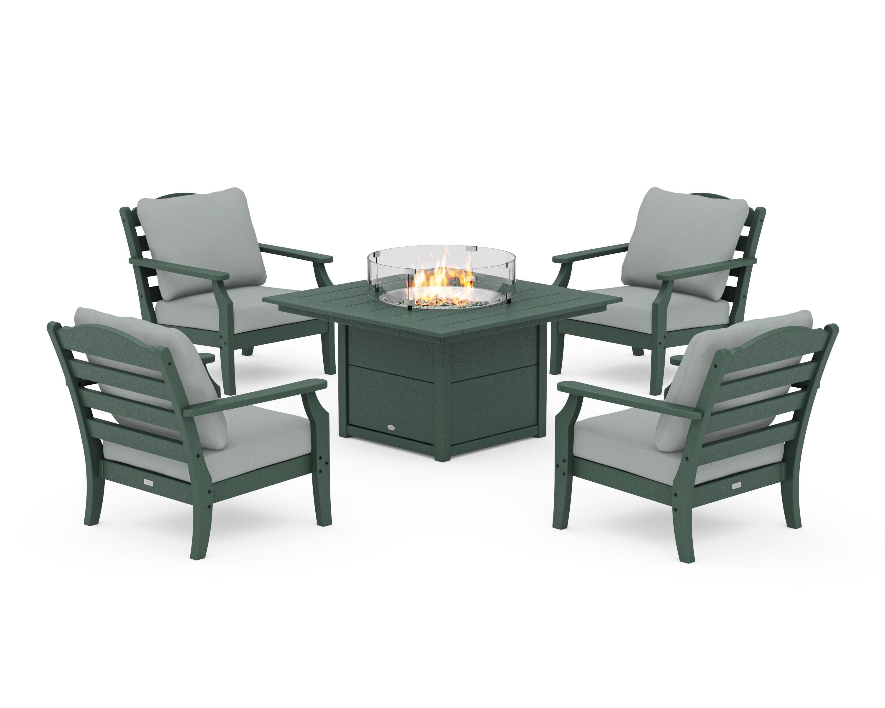 Savannah 5-Piece Deep Seating Set with Fire Pit Table in Green / Spa