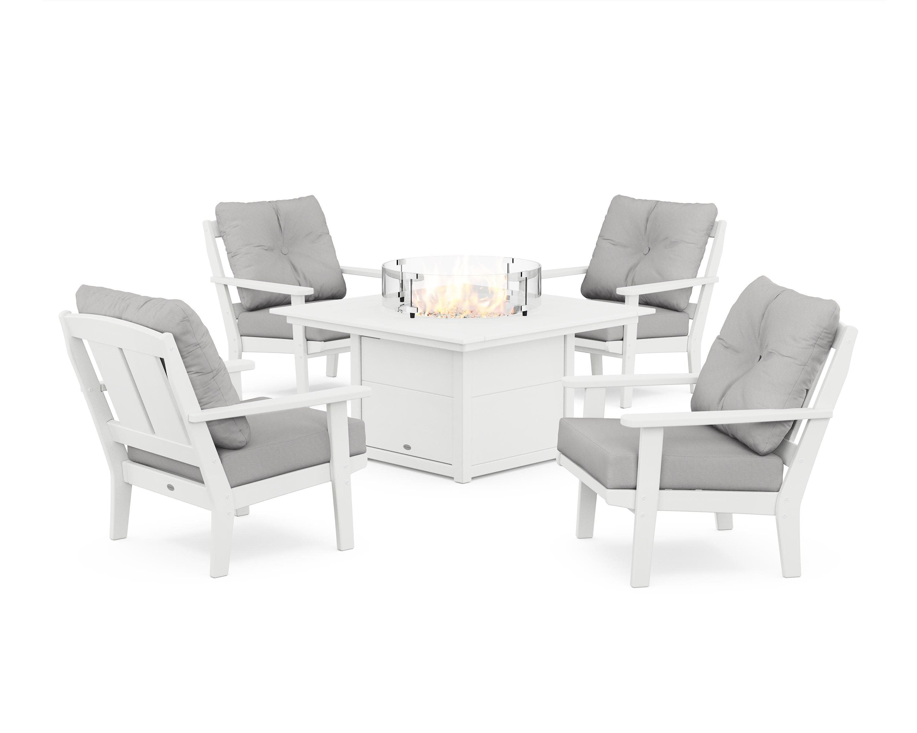 Mission 5-Piece Deep Seating Set with Fire Pit Table in White / Diamond in the Rough