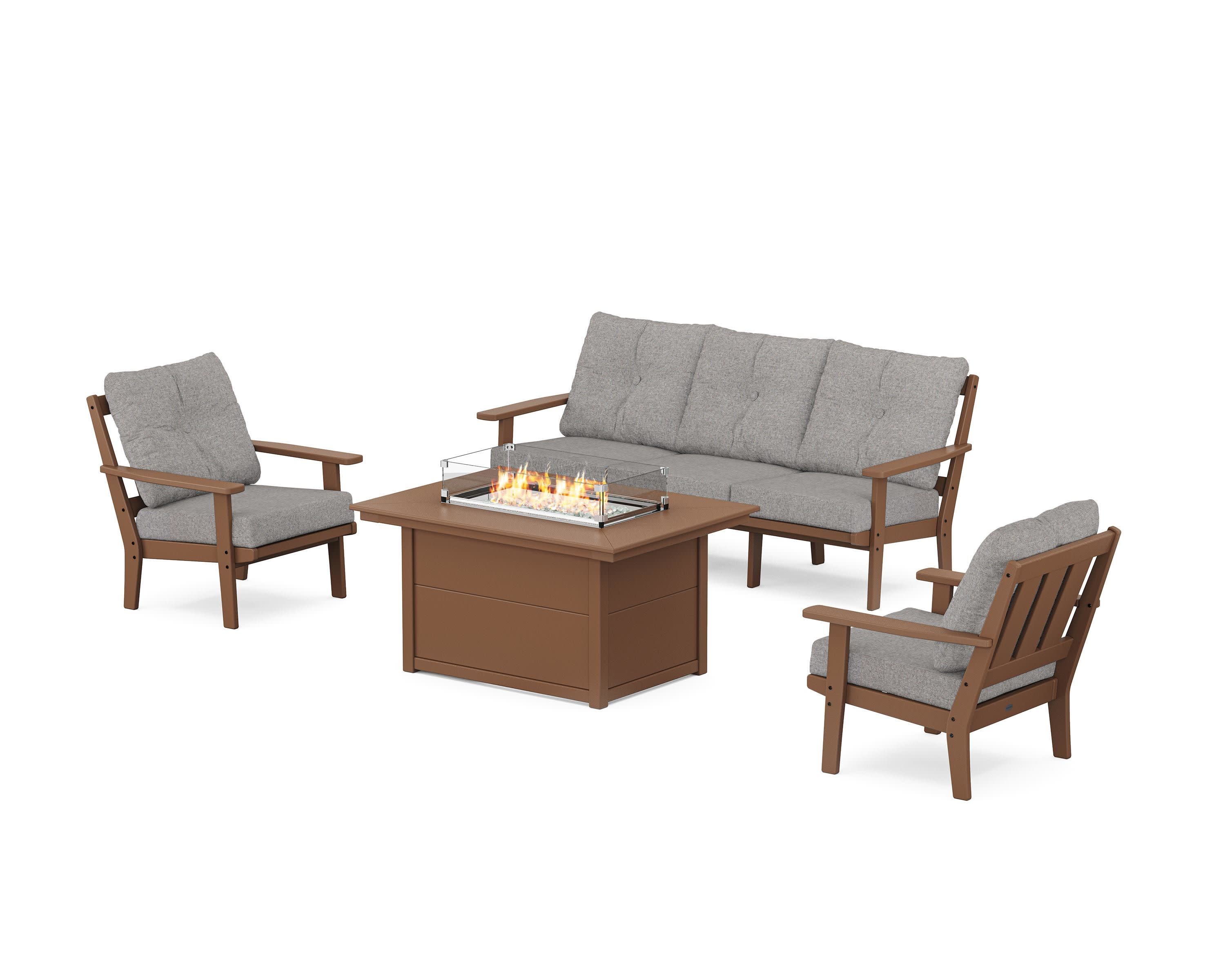 Oxford Deep Seating Fire Pit Table Set in Teak / Grey Mist