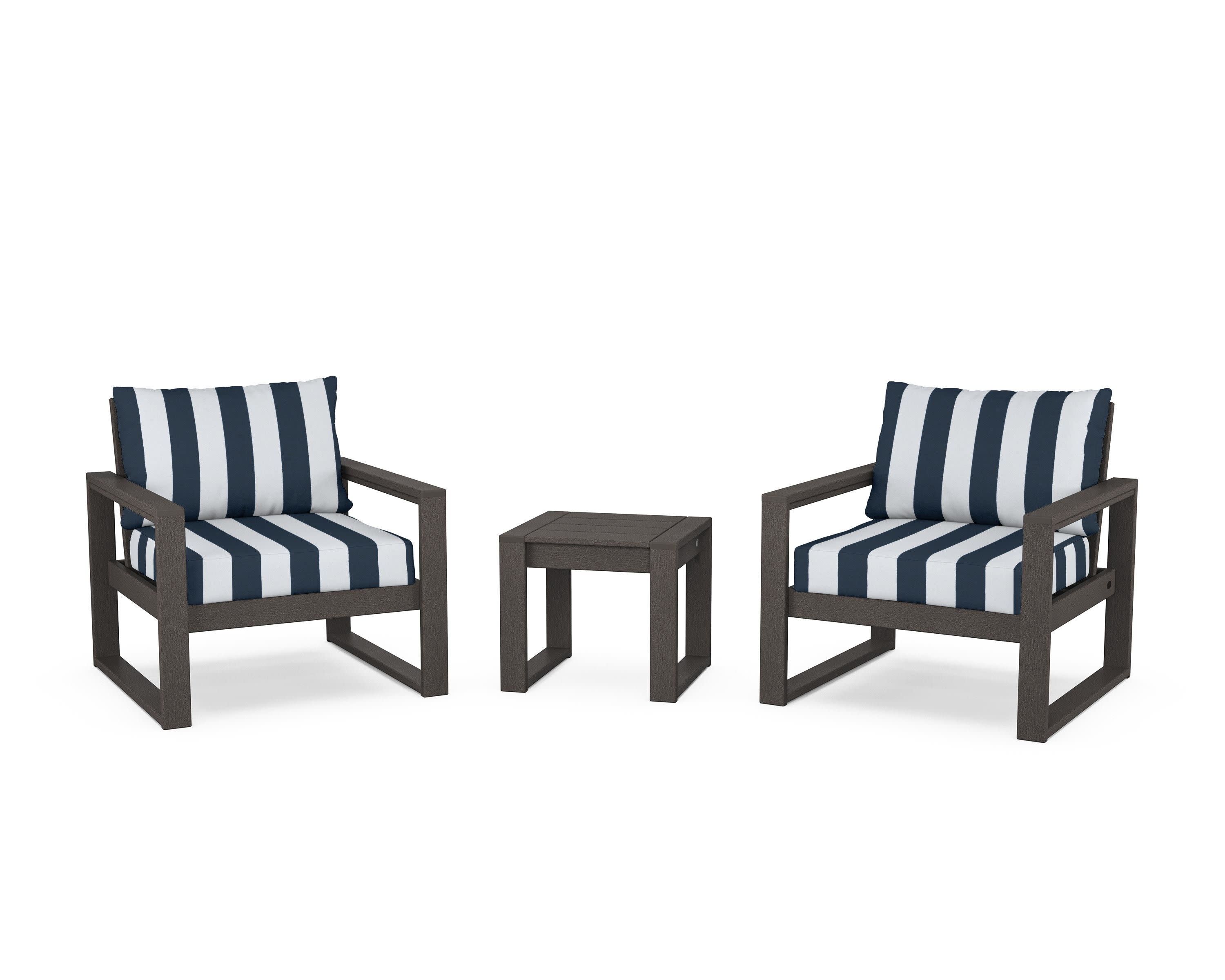 EDGE Sectional 3-Piece Deep Seating Set in Vintage Coffee / Cabana Stripe Marine Indigo