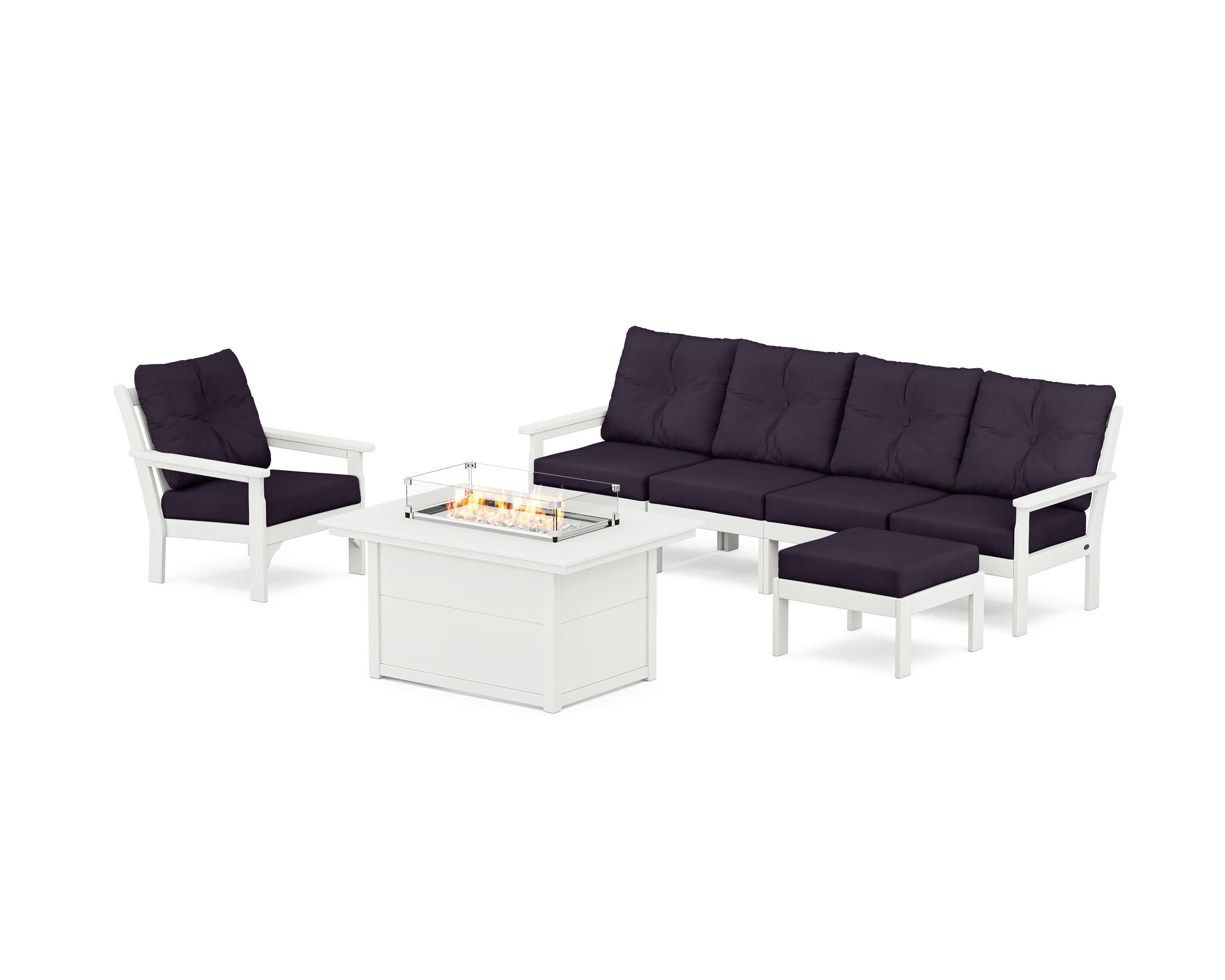 Vineyard Sectional Lounge and Fire Pit Set in Vintage White / Navy Linen