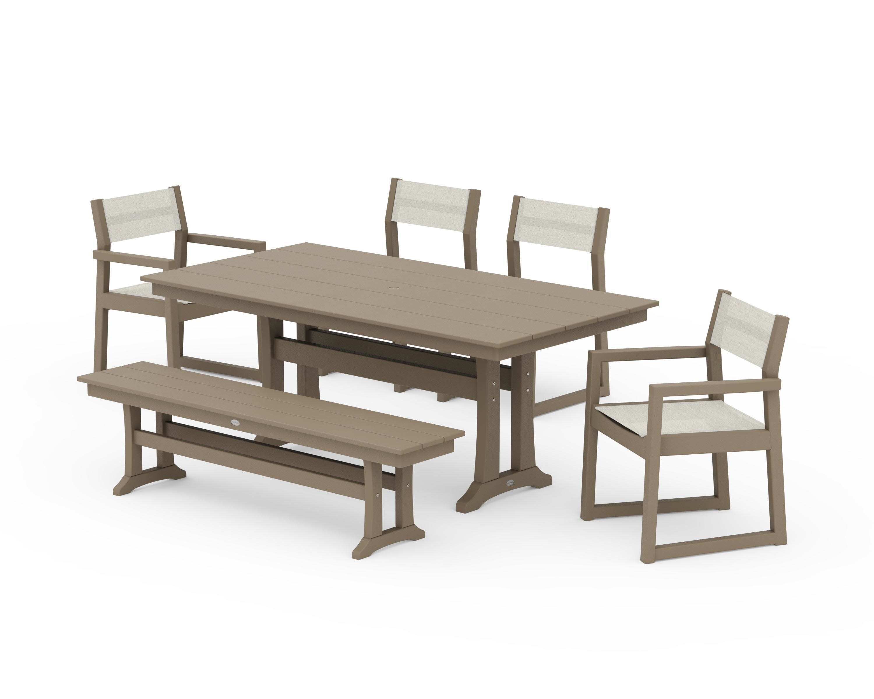 EDGE Sling 6-Piece Farmhouse Dining Set With Trestle Legs in Vintage Sahara / Parchment Sling