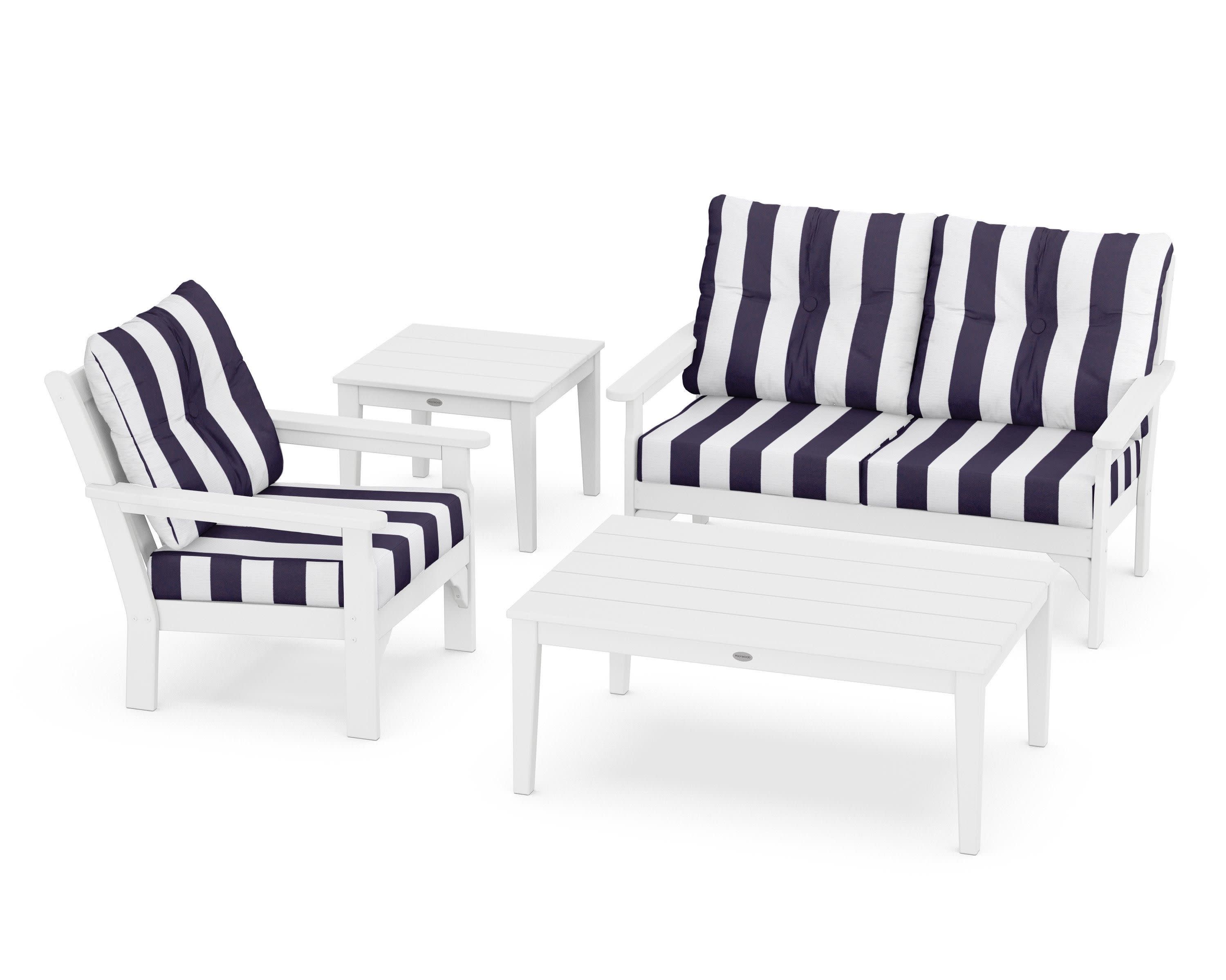Vineyard 4-Piece Deep Seating Set in White / Cabana Stripe Navy