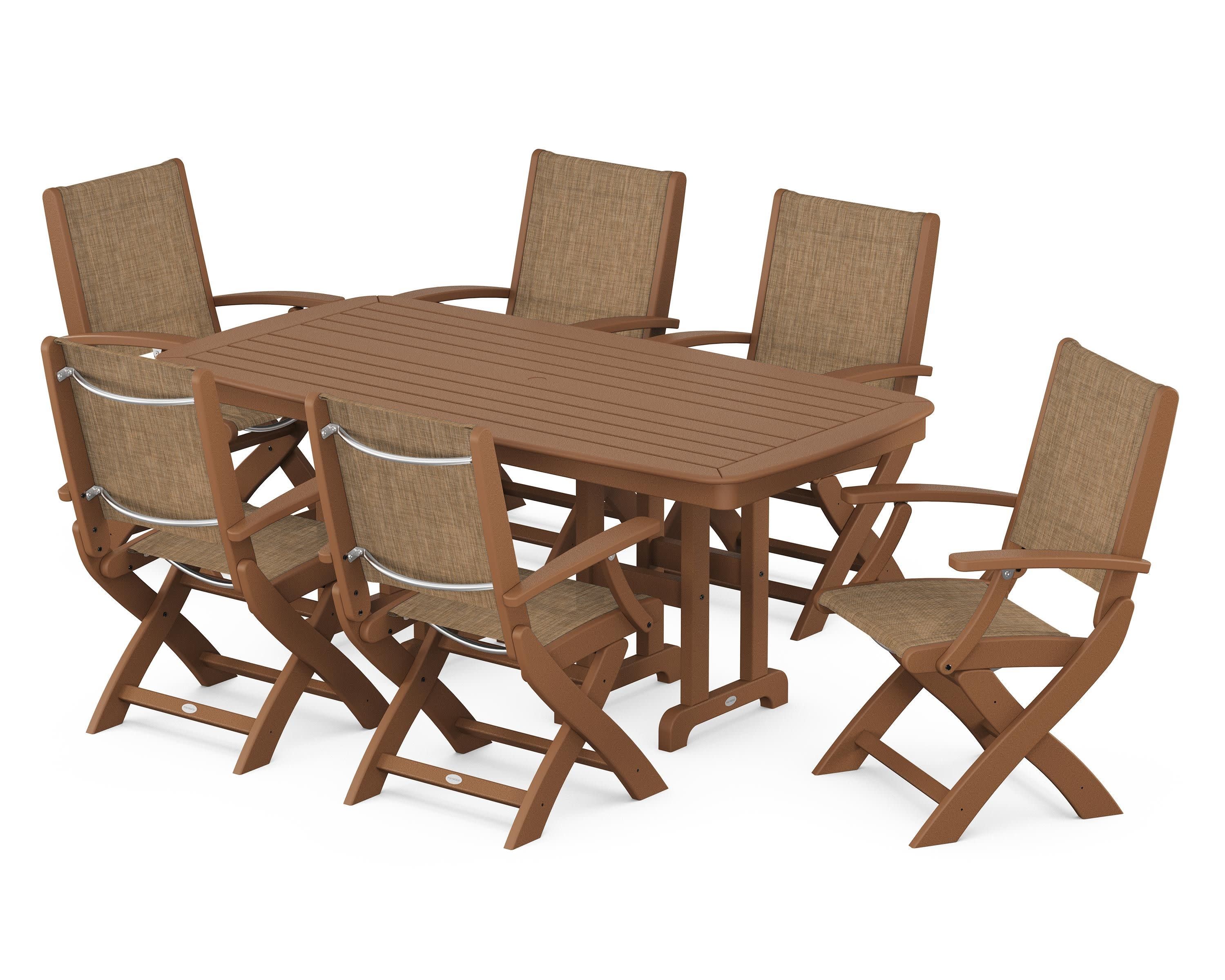 Coastal Folding Arm Chair 7-Piece Dining Set in Teak / Burlap Sling