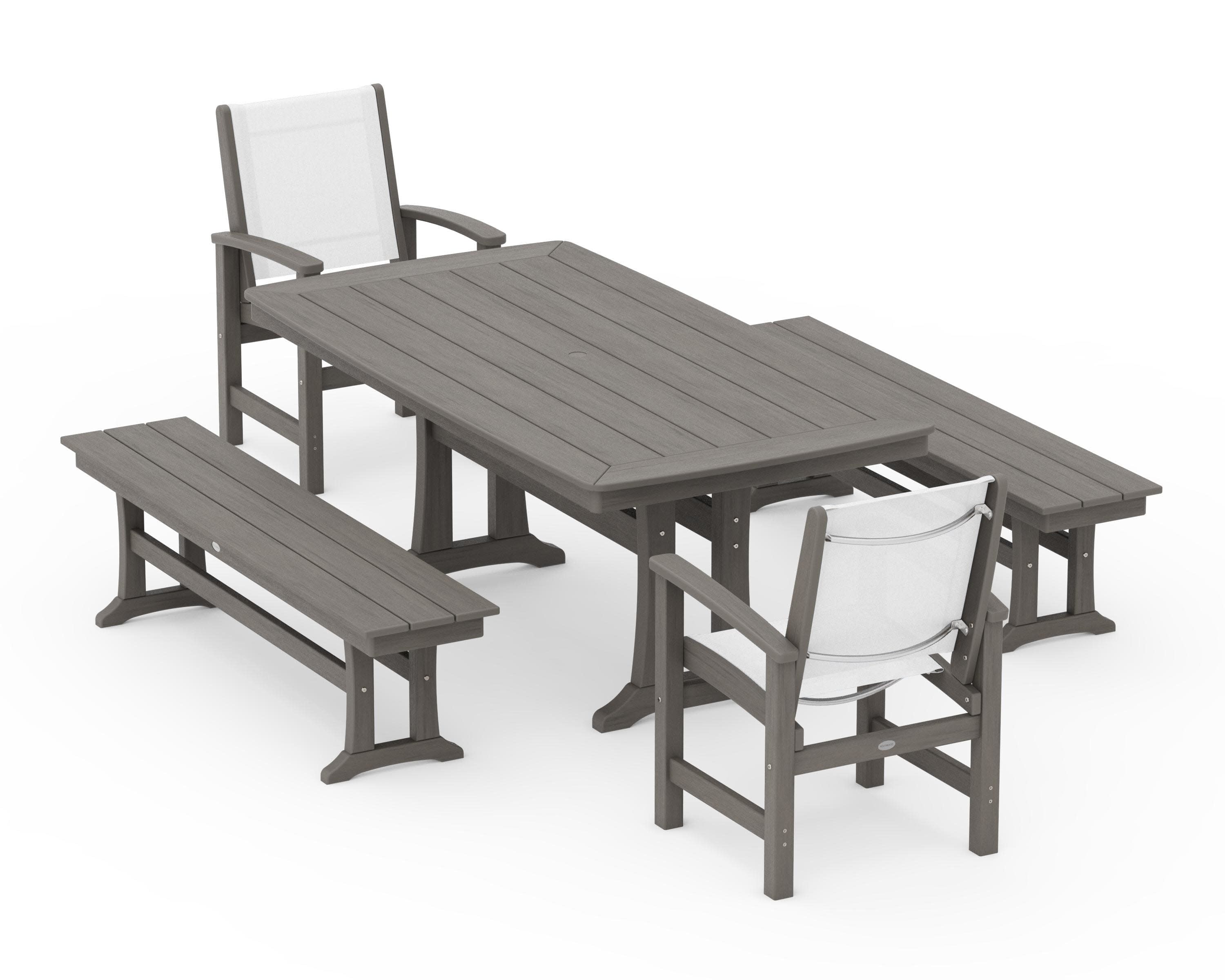 Coastal 5-Piece Dining Set with Trestle Legs and Benches in Driftwood / White Sling