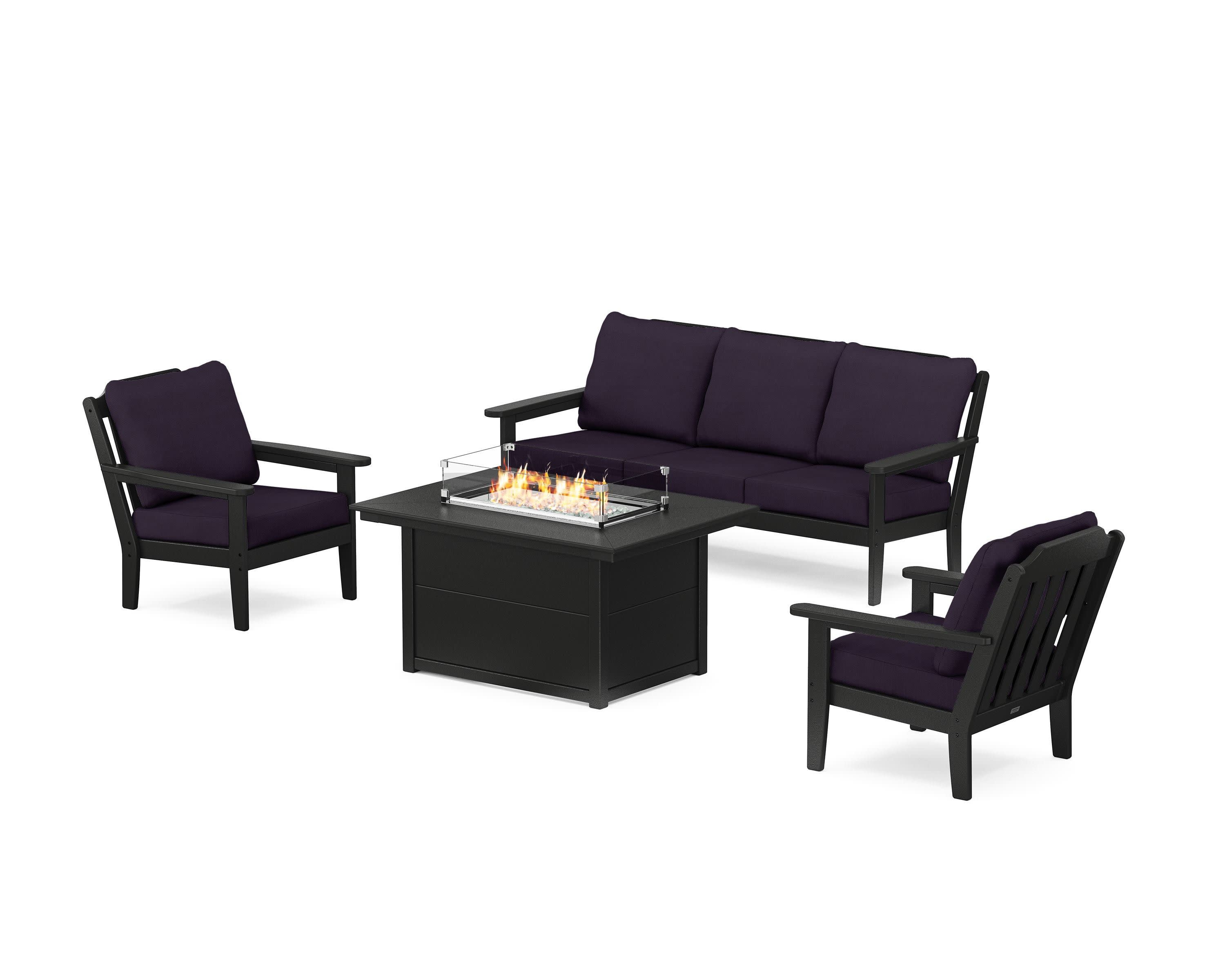 Cottage Deep Seating Fire Pit Table Set in Black / Navy Linen