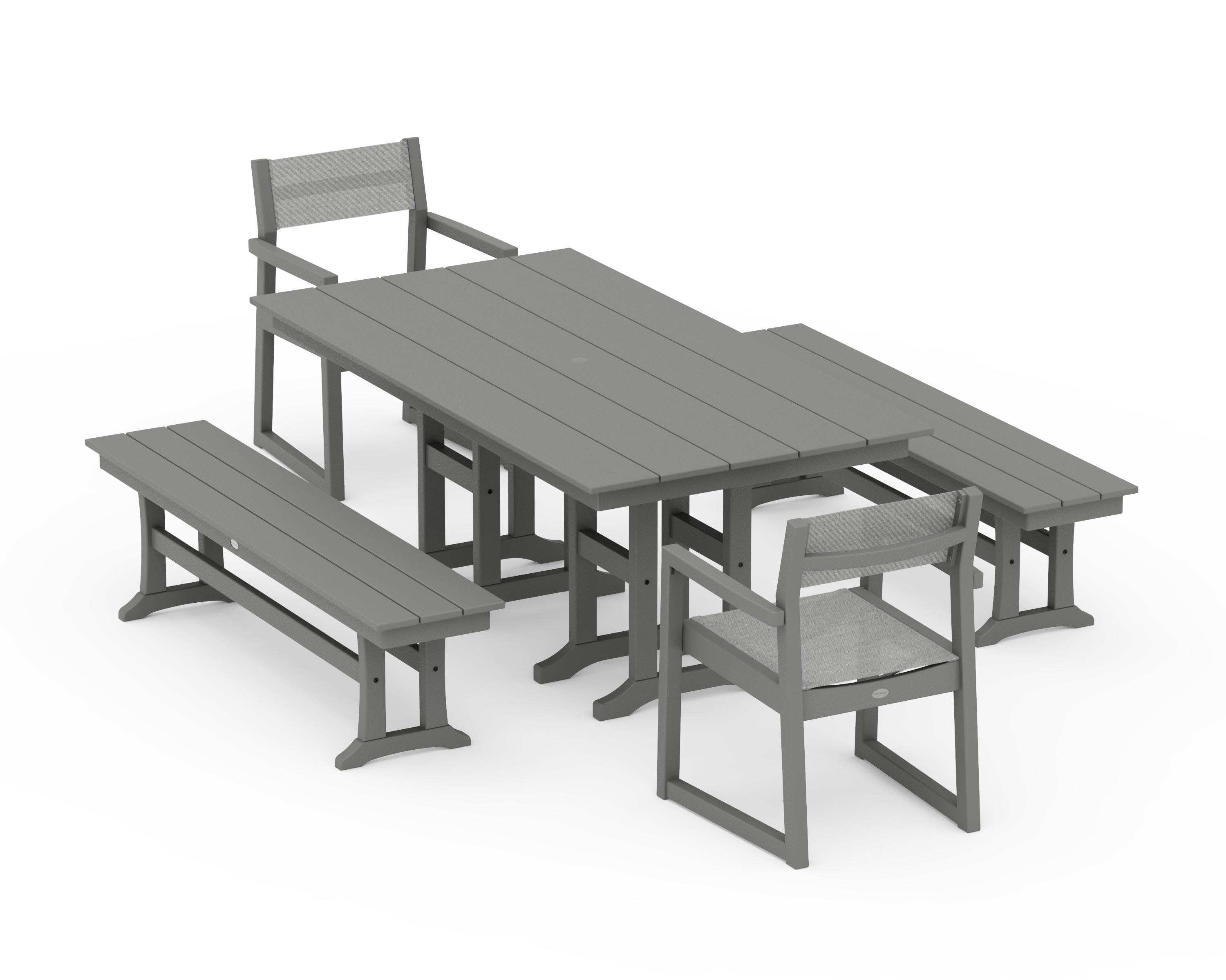 EDGE Sling Arm Chair 5-Piece Farmhouse Dining Set with Benches in Slate Grey / Metallic Sling