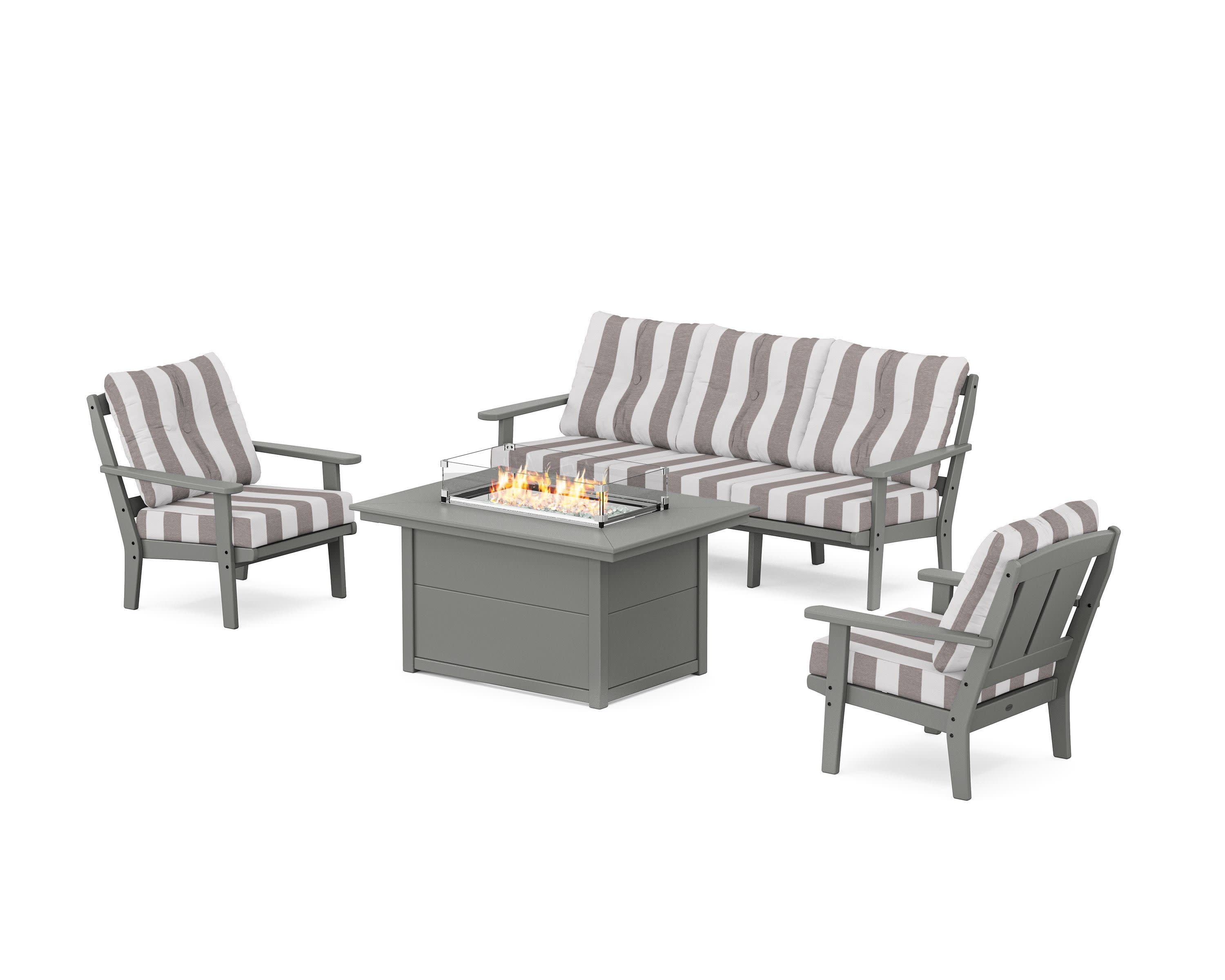 Mission Deep Seating Fire Pit Table Set in Slate Grey / Cabana Stripe Grey Mist