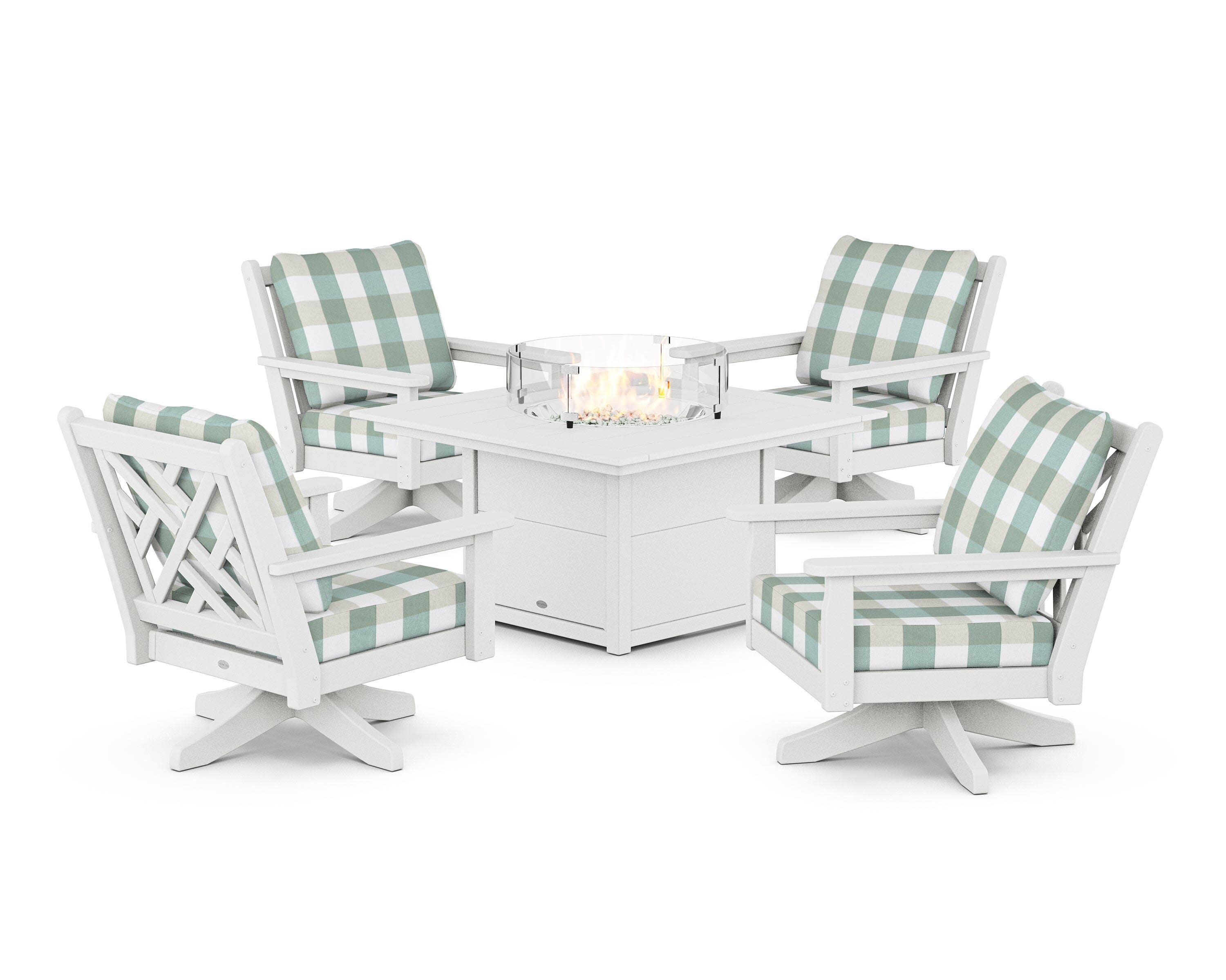 Chippendale 5-Piece Deep Seating Swivel Conversation Set with Fire Pit Table in White / Buffalo Plaid Glacier Spa