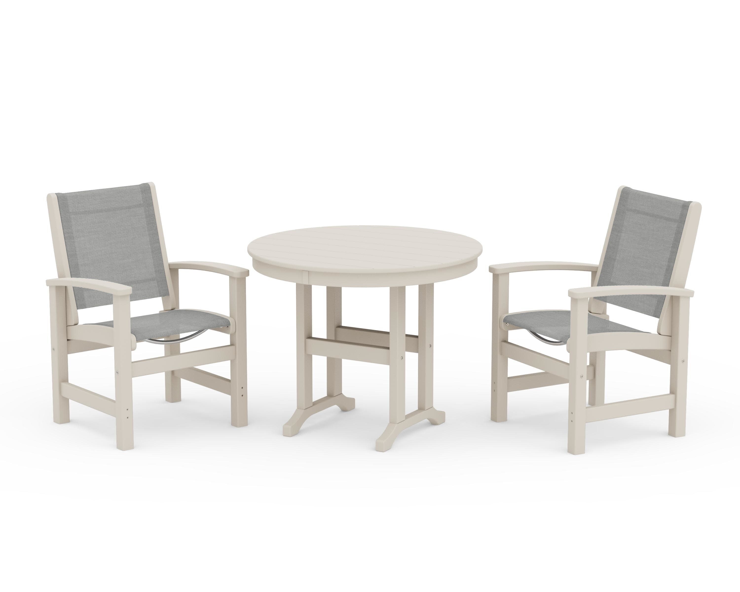 Coastal 3-Piece Round Dining Set in Sand / Metallic Sling