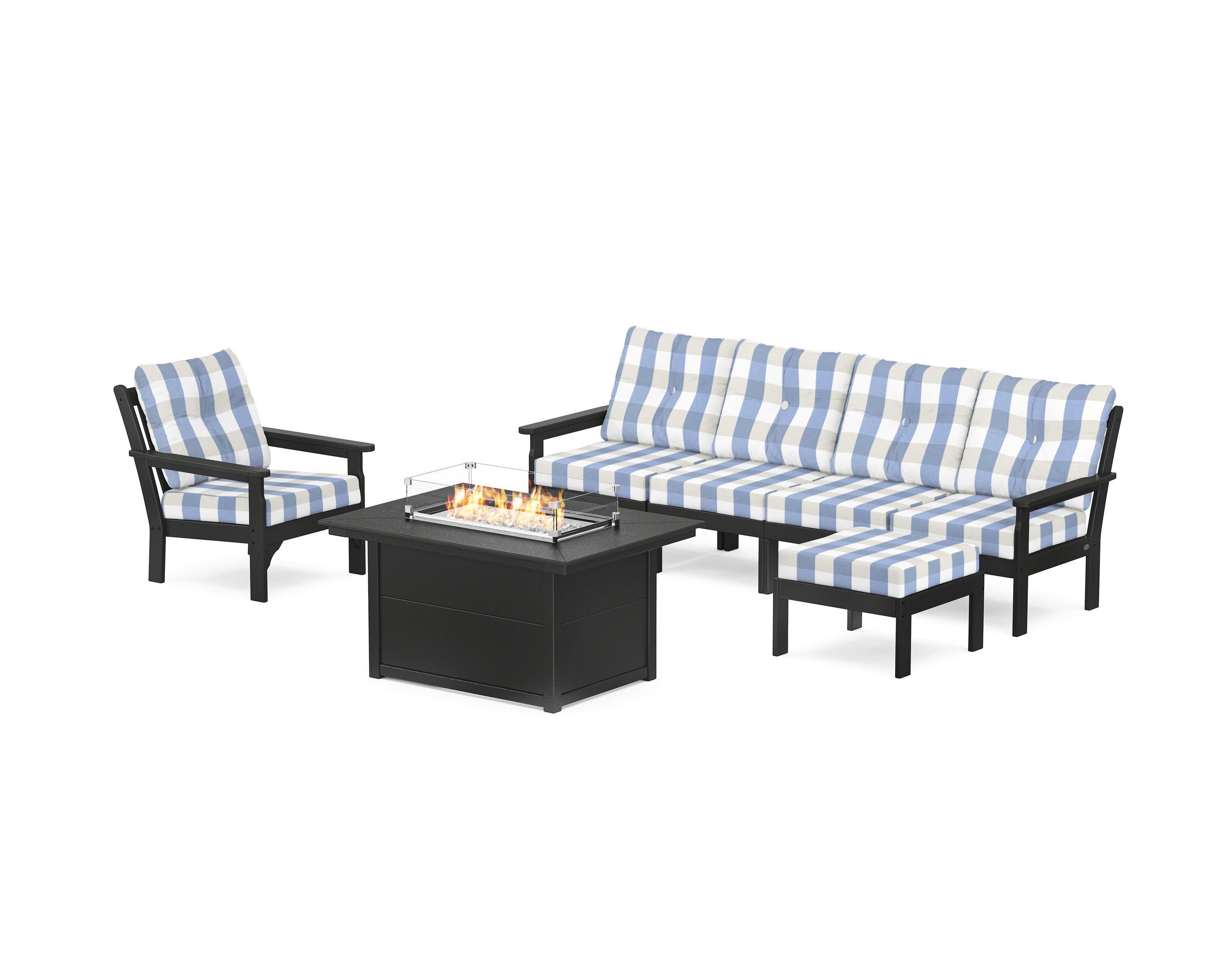 Vineyard Sectional Lounge and Fire Pit Set in Black / Buffalo Plaid Sky Blue