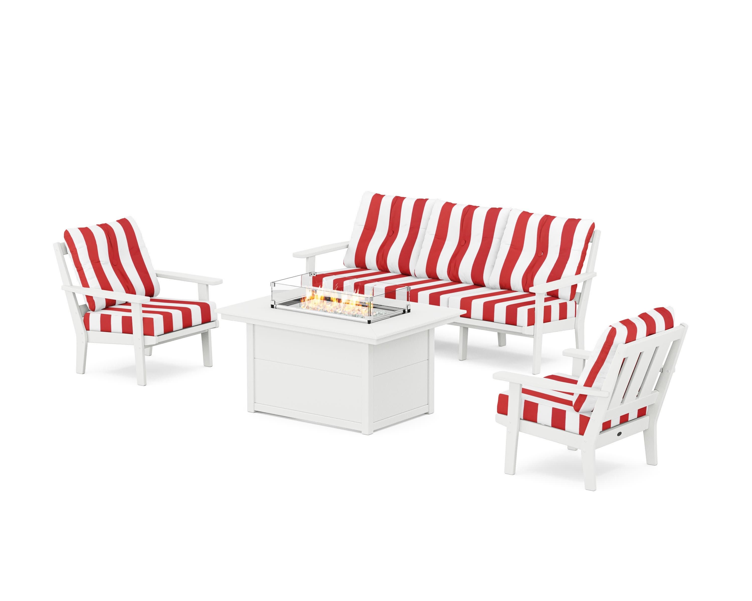 Oxford Deep Seating Fire Pit Table Set in White / Cabana Stripe Crimson