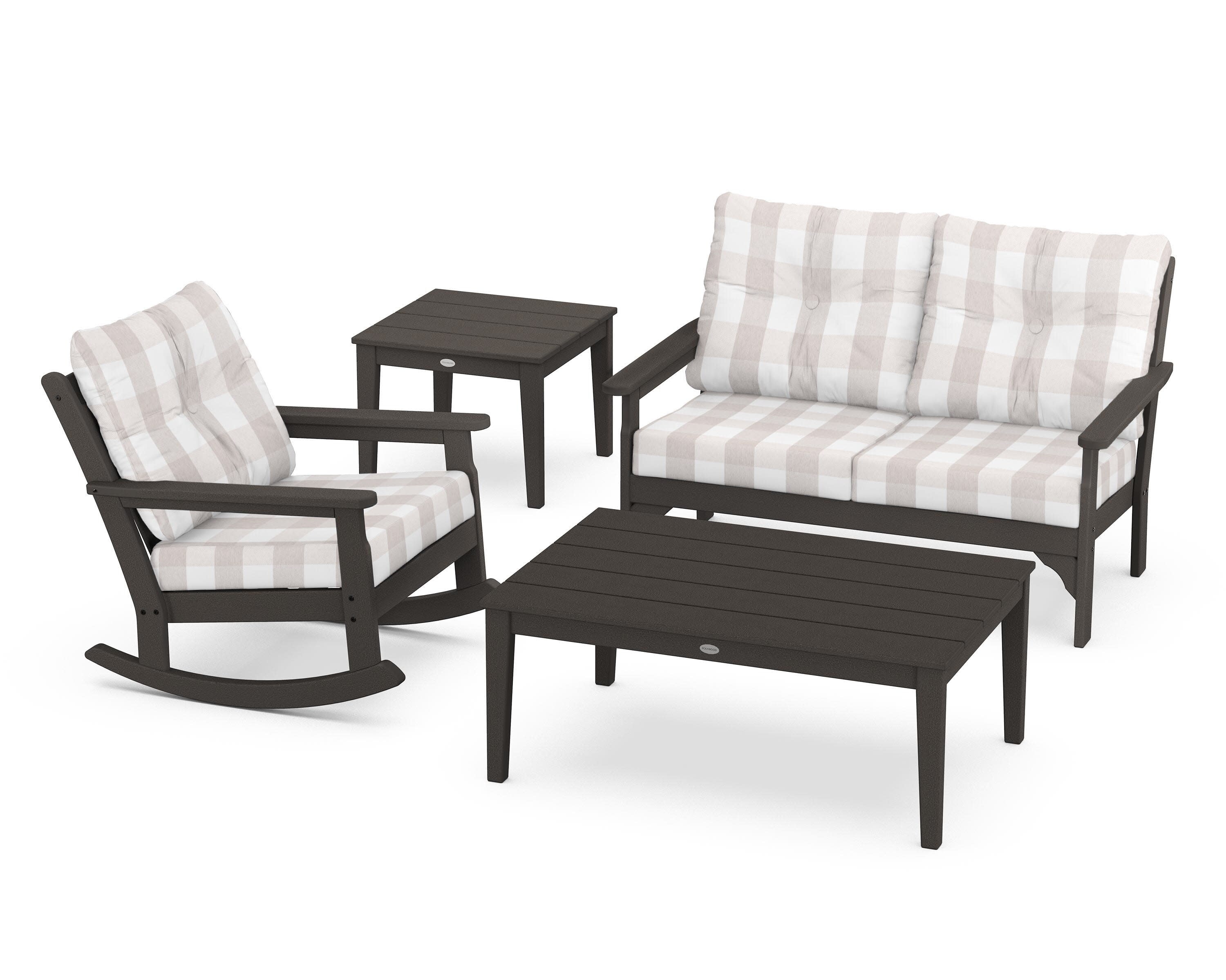Vineyard 4-Piece Deep Seating Rocker Set in Vintage Coffee / Buffalo Plaid Dune Burlap
