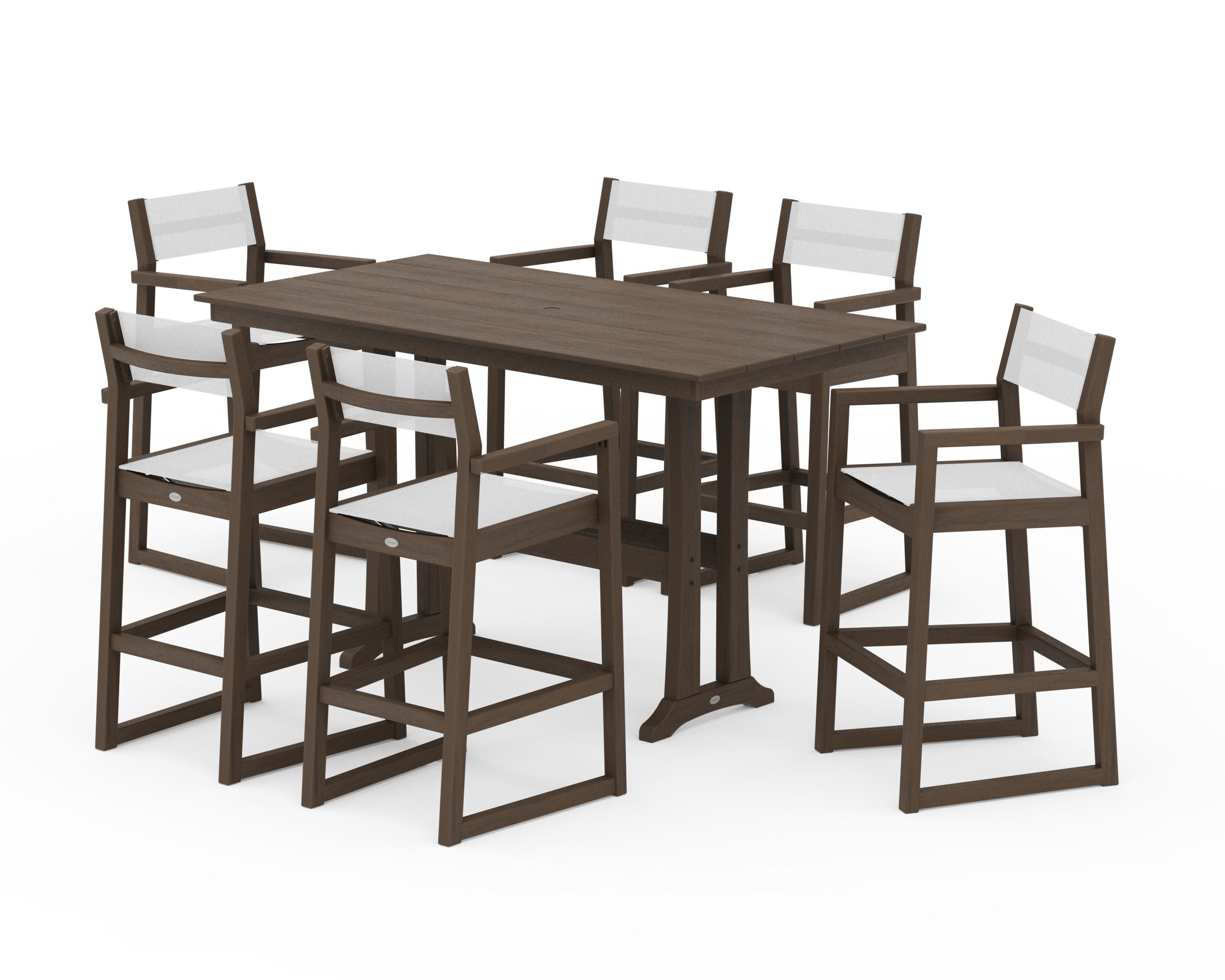 EDGE Sling Arm Chair 7-Piece Farmhouse Bar Set with Trestle Legs in Kona / White Sling