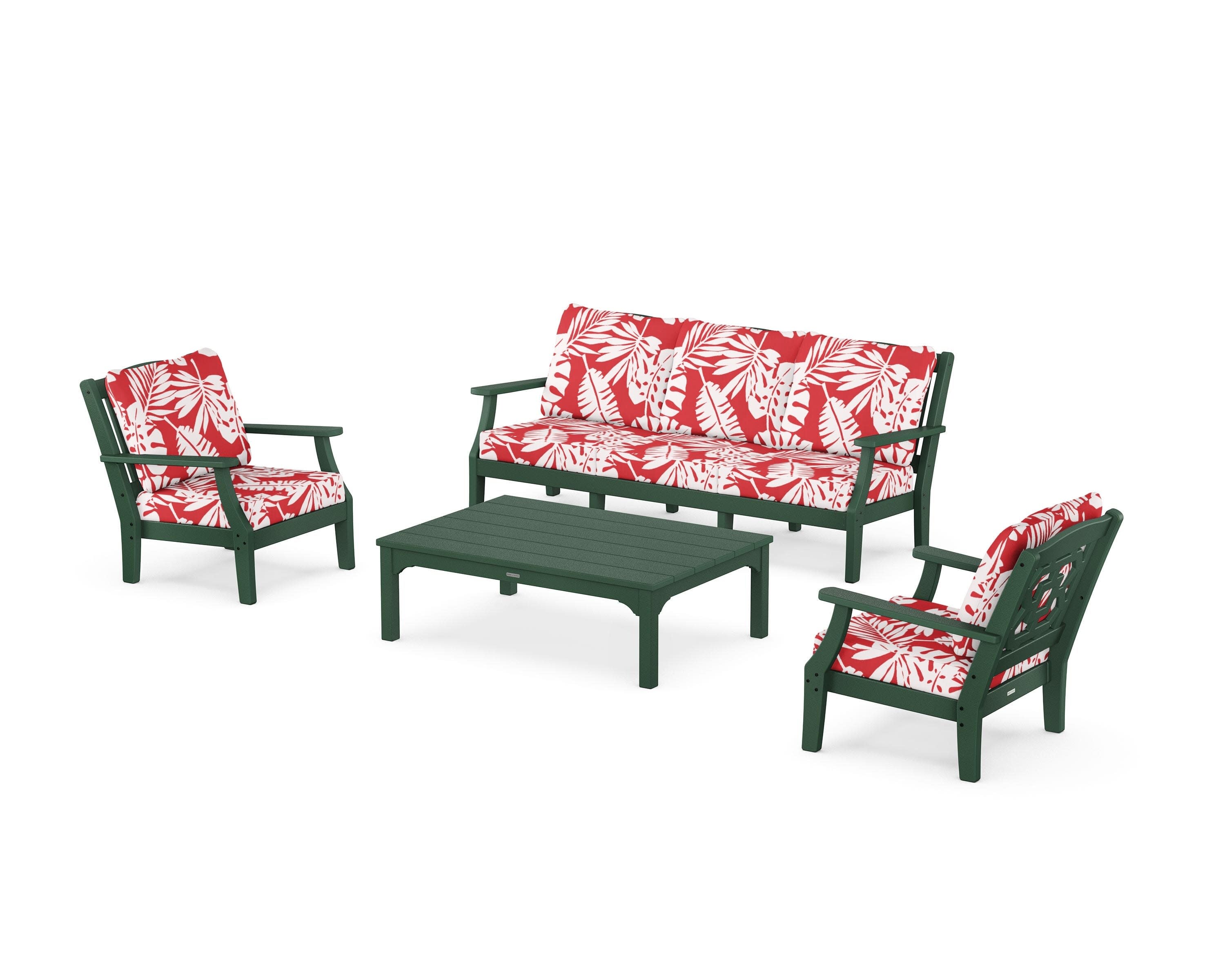 Chinoiserie 4-Piece Deep Seating Set with Sofa in Green / Leaf Crimson
