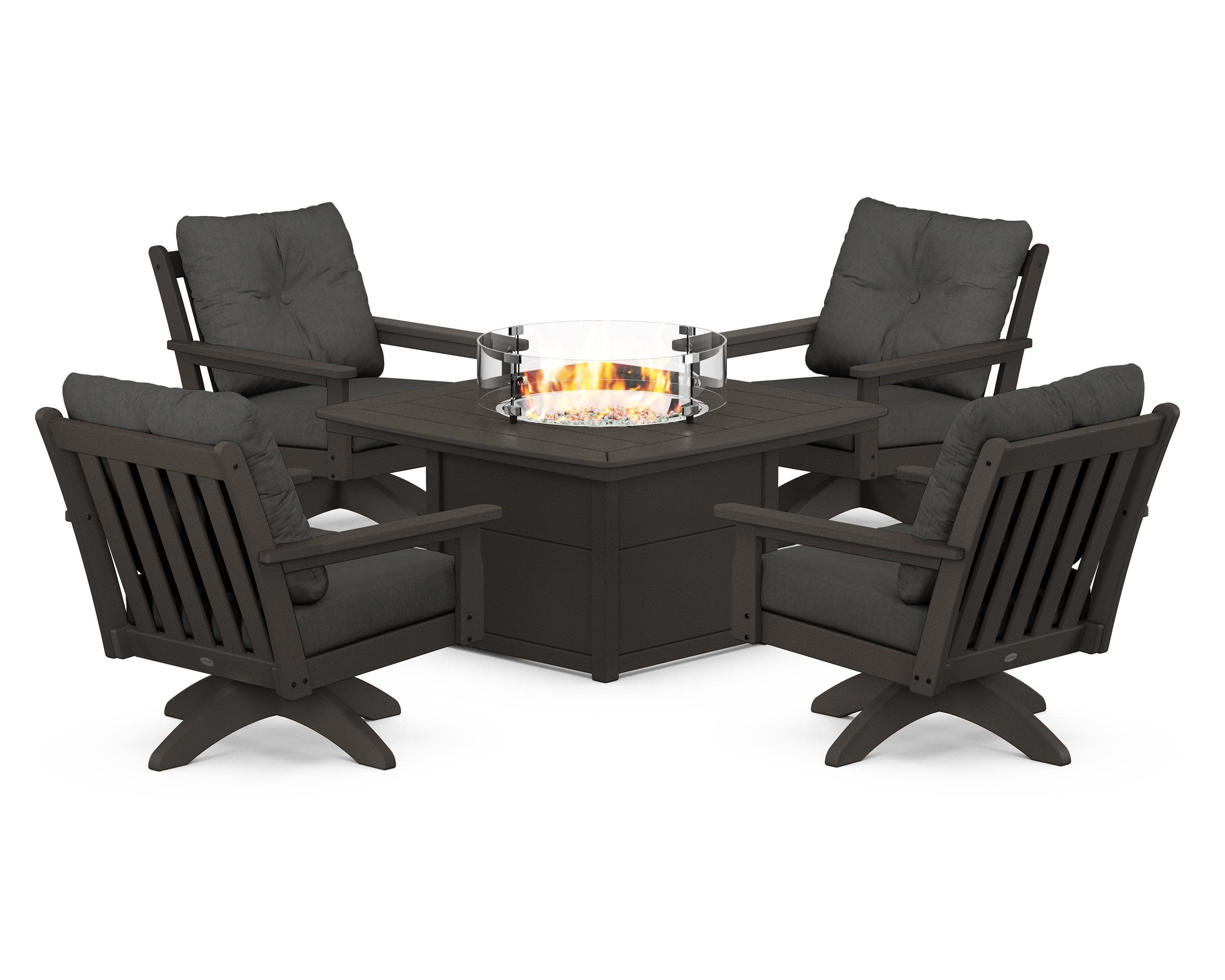 Vineyard 5-Piece Deep Seating Swivel Conversation Set with Fire Pit Table in Vintage Coffee / Spectrum Carbon