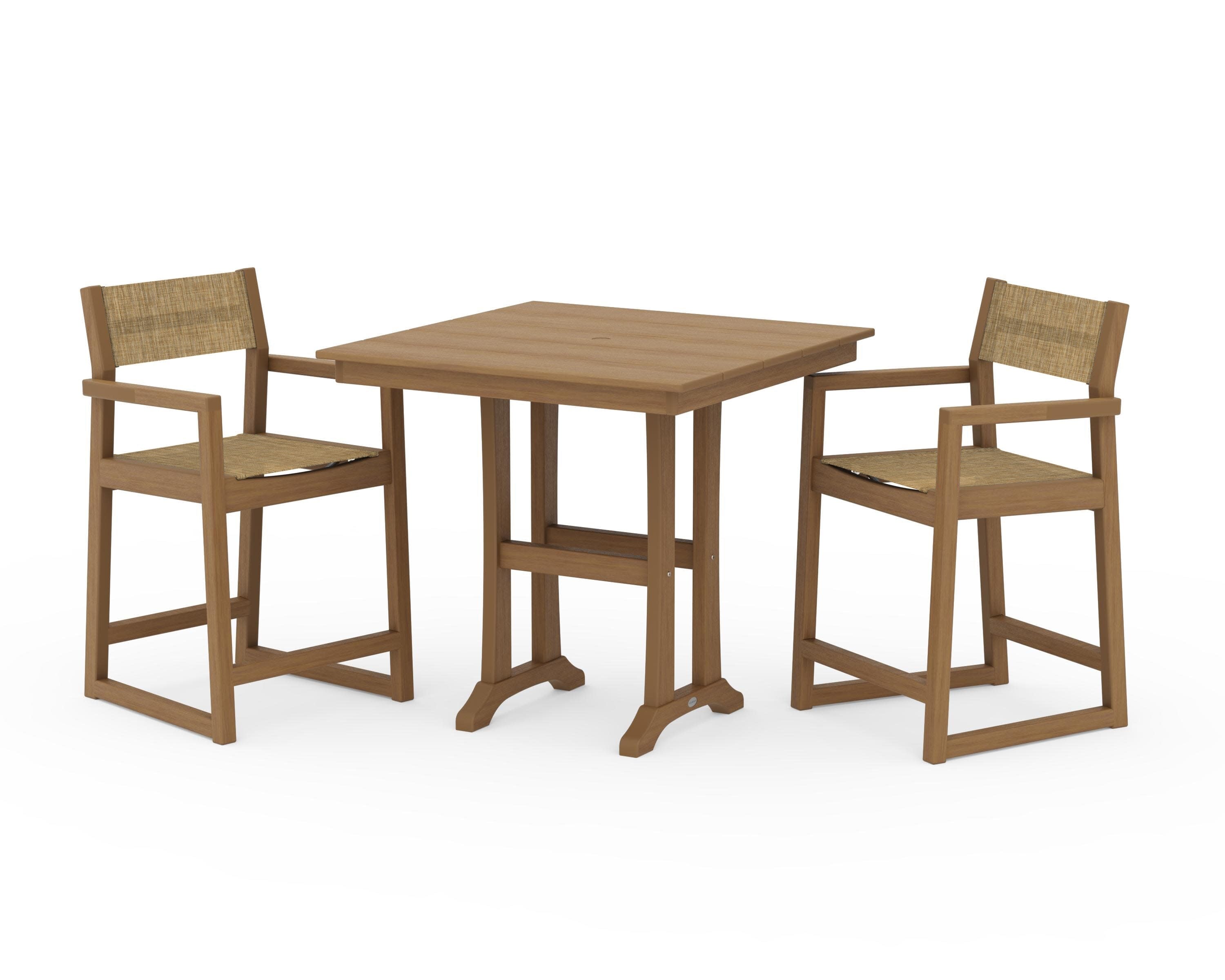 EDGE Sling Arm Chair 3-Piece Farmhouse Counter Set with Trestle Legs in Natural / Burlap Sling