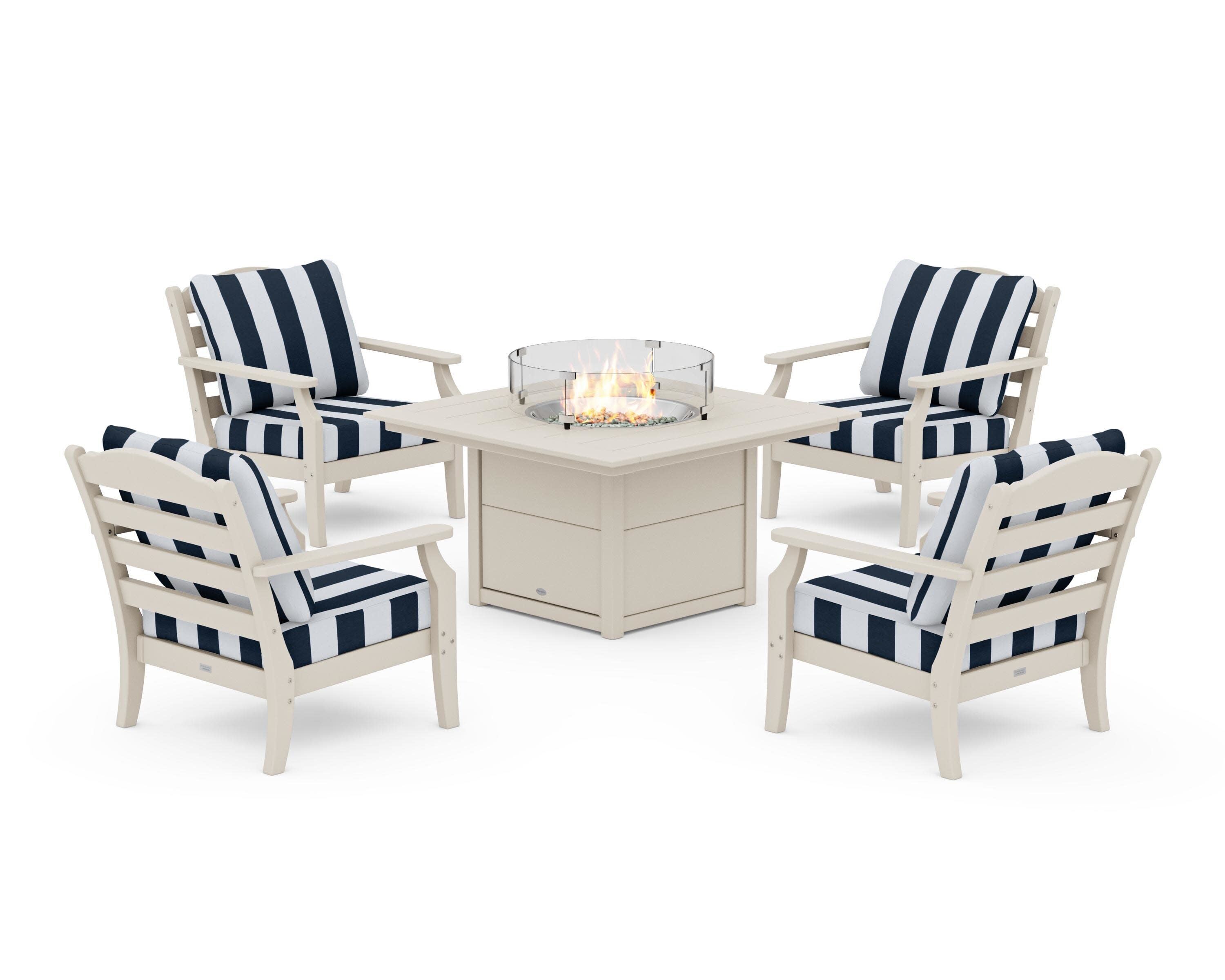 Savannah 5-Piece Deep Seating Set with Fire Pit Table in Sand / Cabana Stripe Marine Indigo