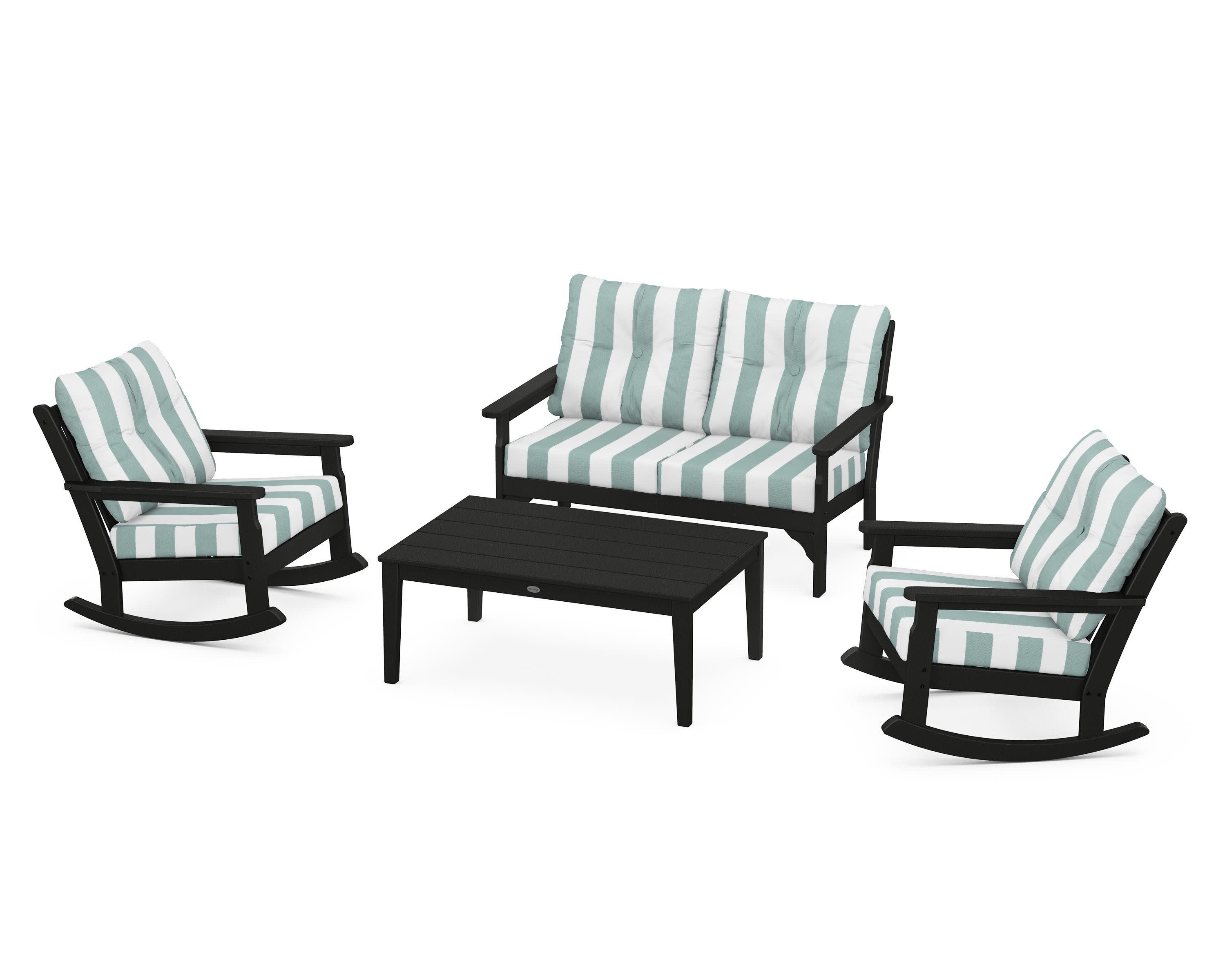 Vineyard 4-Piece Deep Seating Rocking Chair Set in Black / Cabana Stripe Glacier Spa