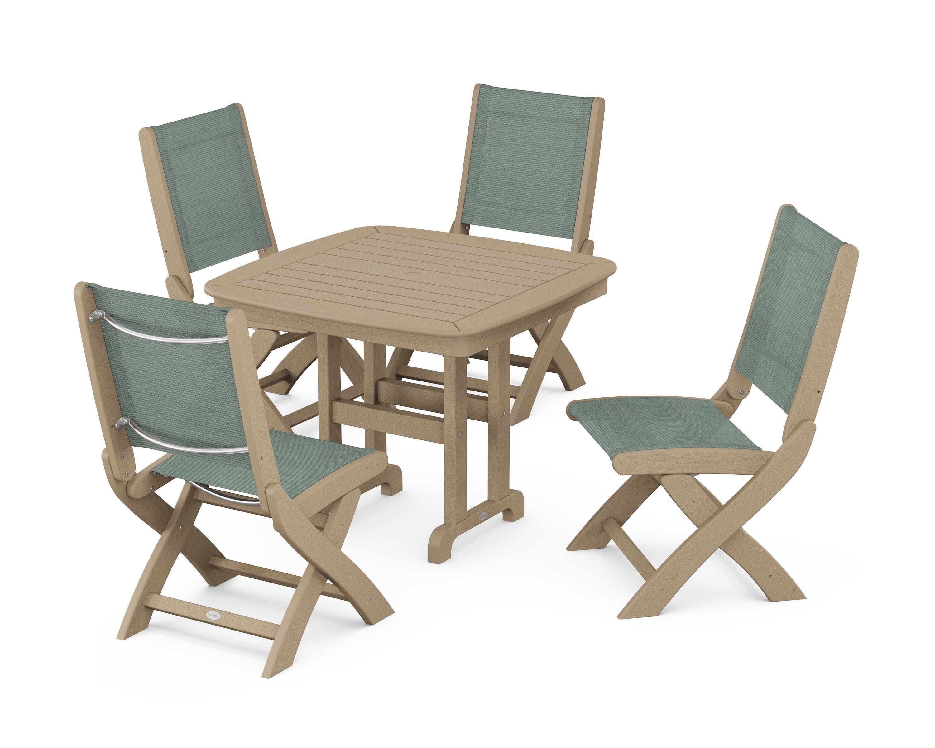 Coastal Folding Side Chair 5-Piece Dining Set in Vintage Sahara / Dupioni Sea Mist Sling