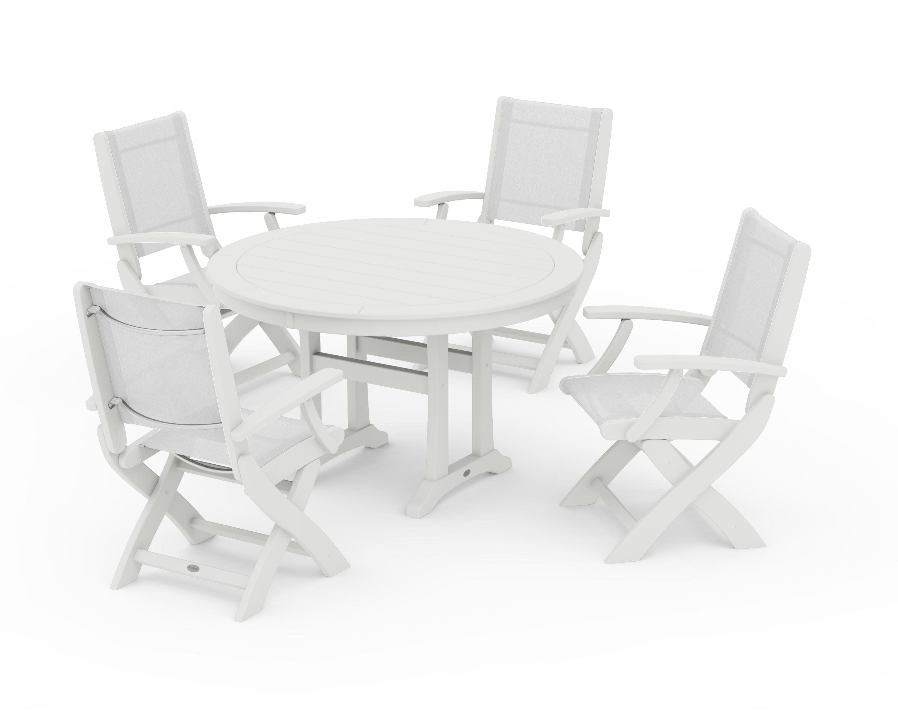 Coastal Folding Chair 5-Piece Round Dining Set with Trestle Legs in Vintage White / White Sling