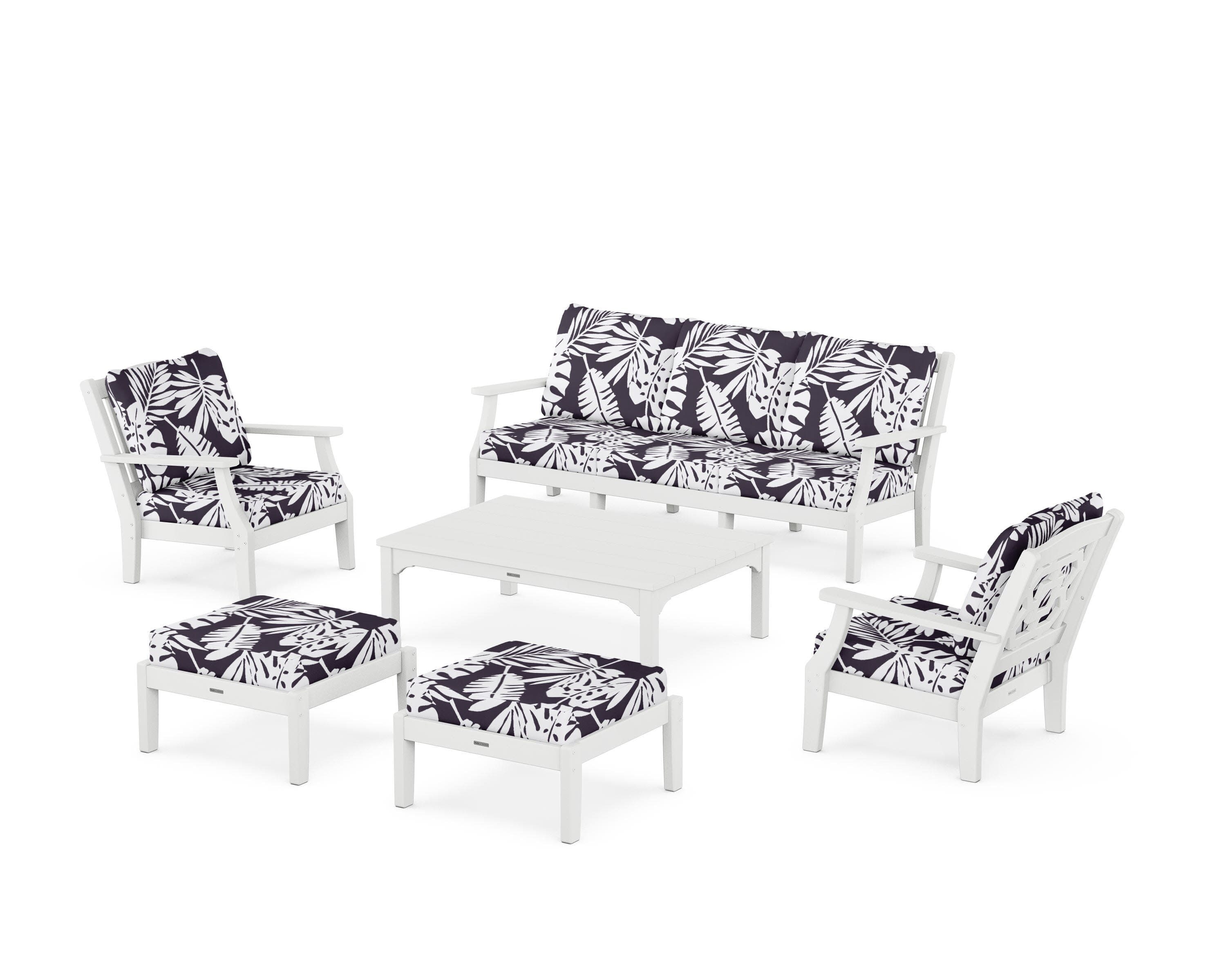 Chinoiserie 6-Piece Lounge Sofa Set in White / Leaf Navy
