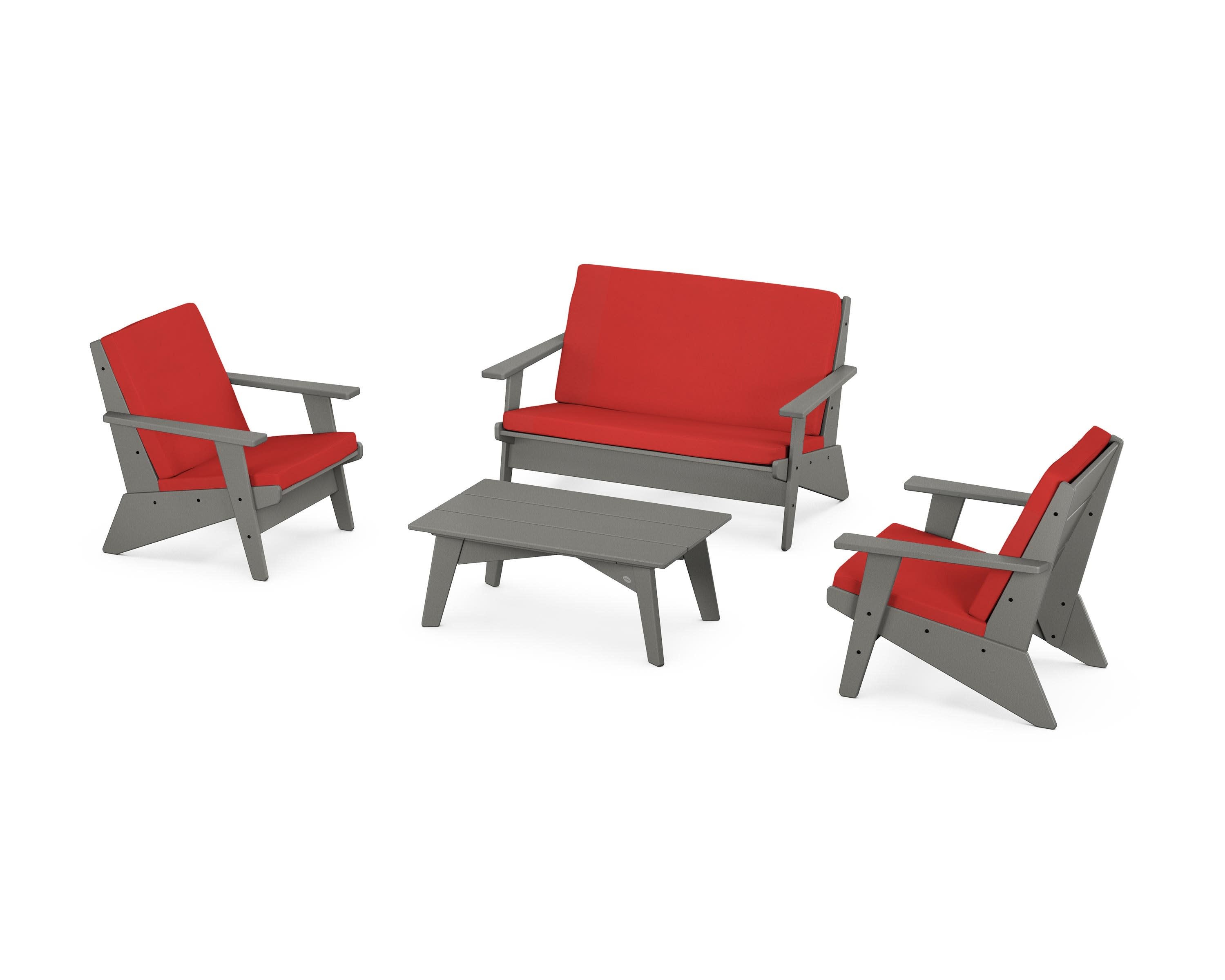 Riviera Modern Lounge 4-Piece Set in Slate Grey / Crimson Linen