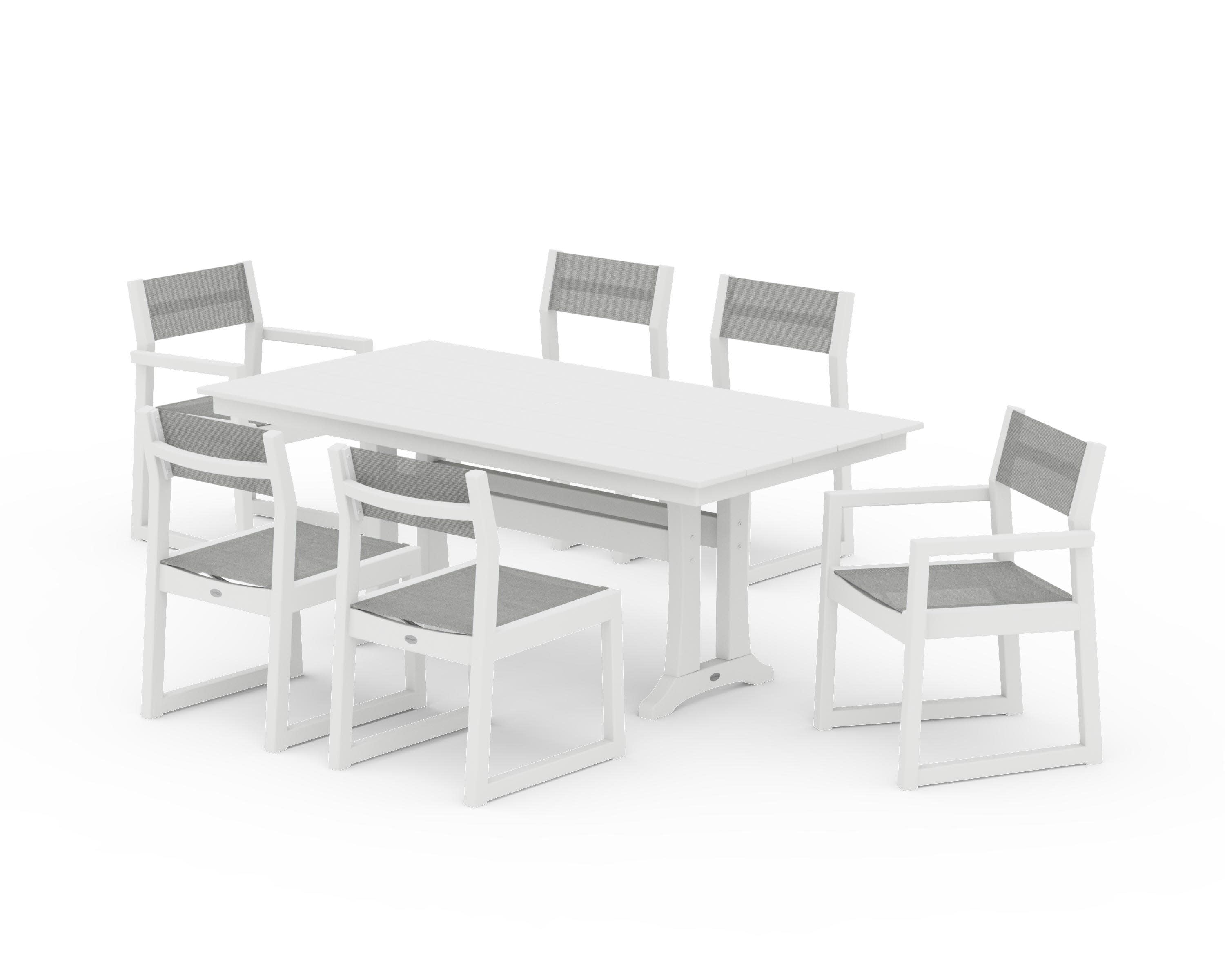 EDGE Sling 7-Piece Farmhouse Trestle Dining Set in White / Metallic Sling
