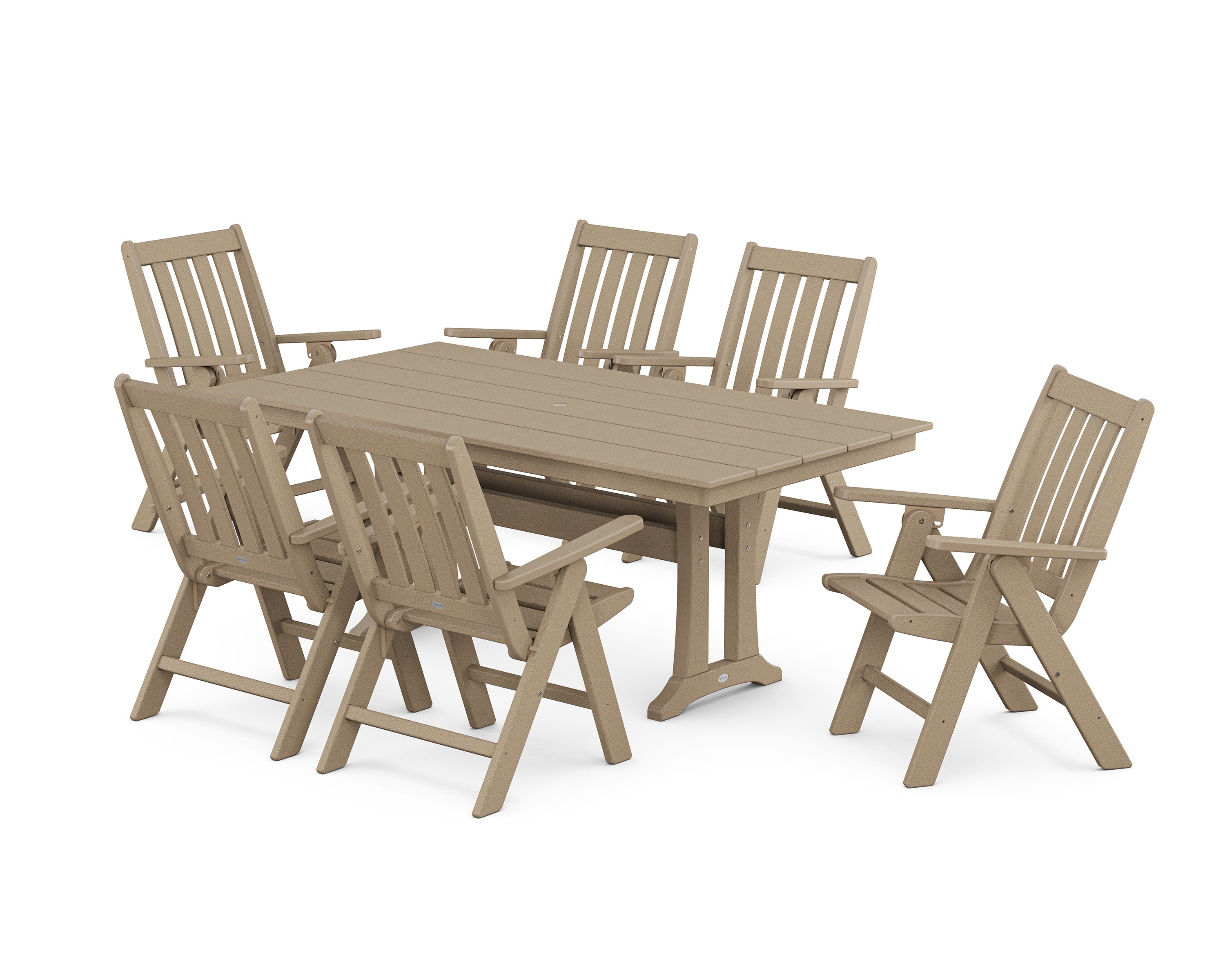 Vineyard Folding Chair 7-Piece Farmhouse Dining Set with Trestle Legs in Vintage Sahara