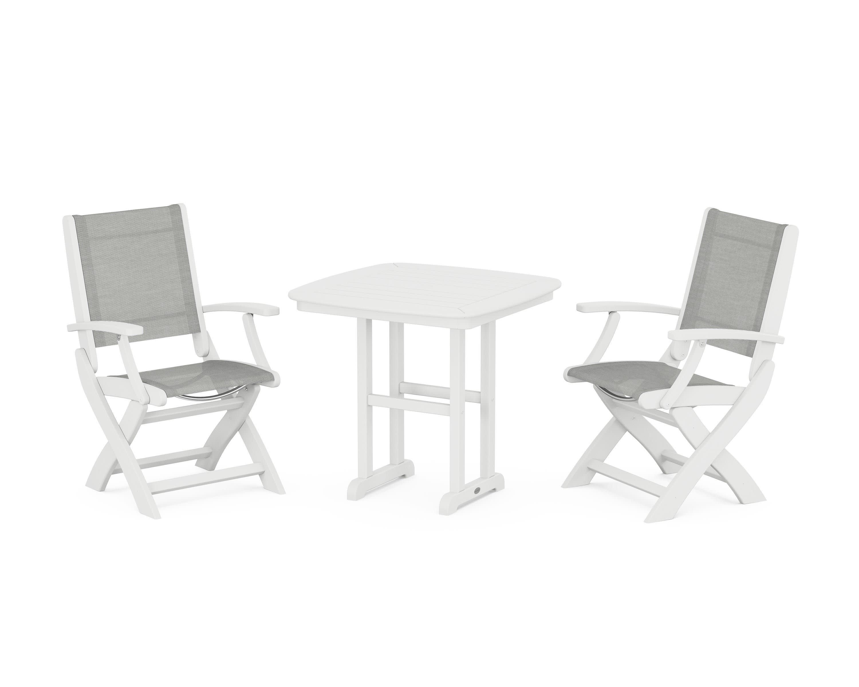 Coastal Folding Chair 3-Piece Dining Set in White / Metallic Sling