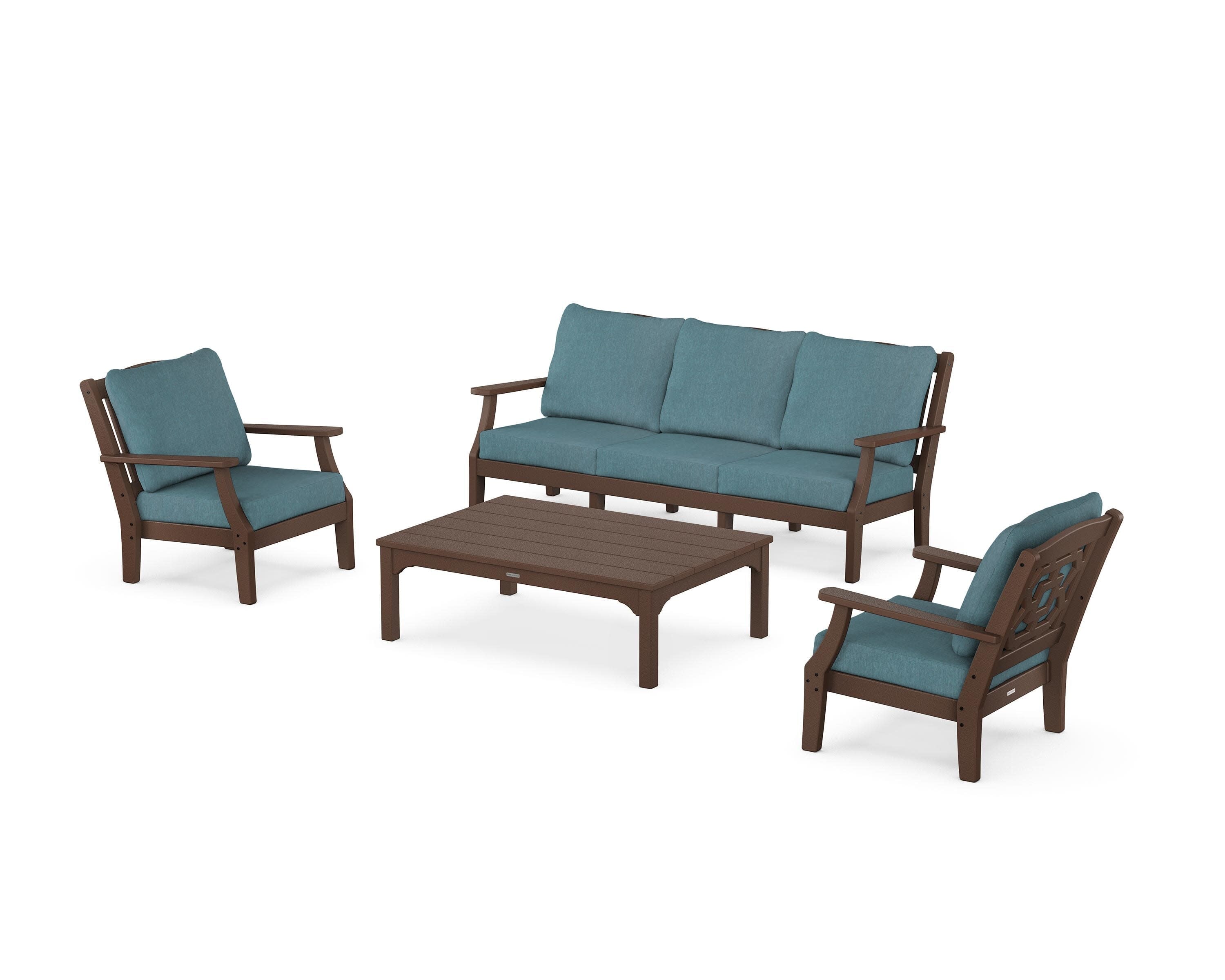 Chinoiserie 4-Piece Deep Seating Set with Sofa in Mahogany / Ocean Teal
