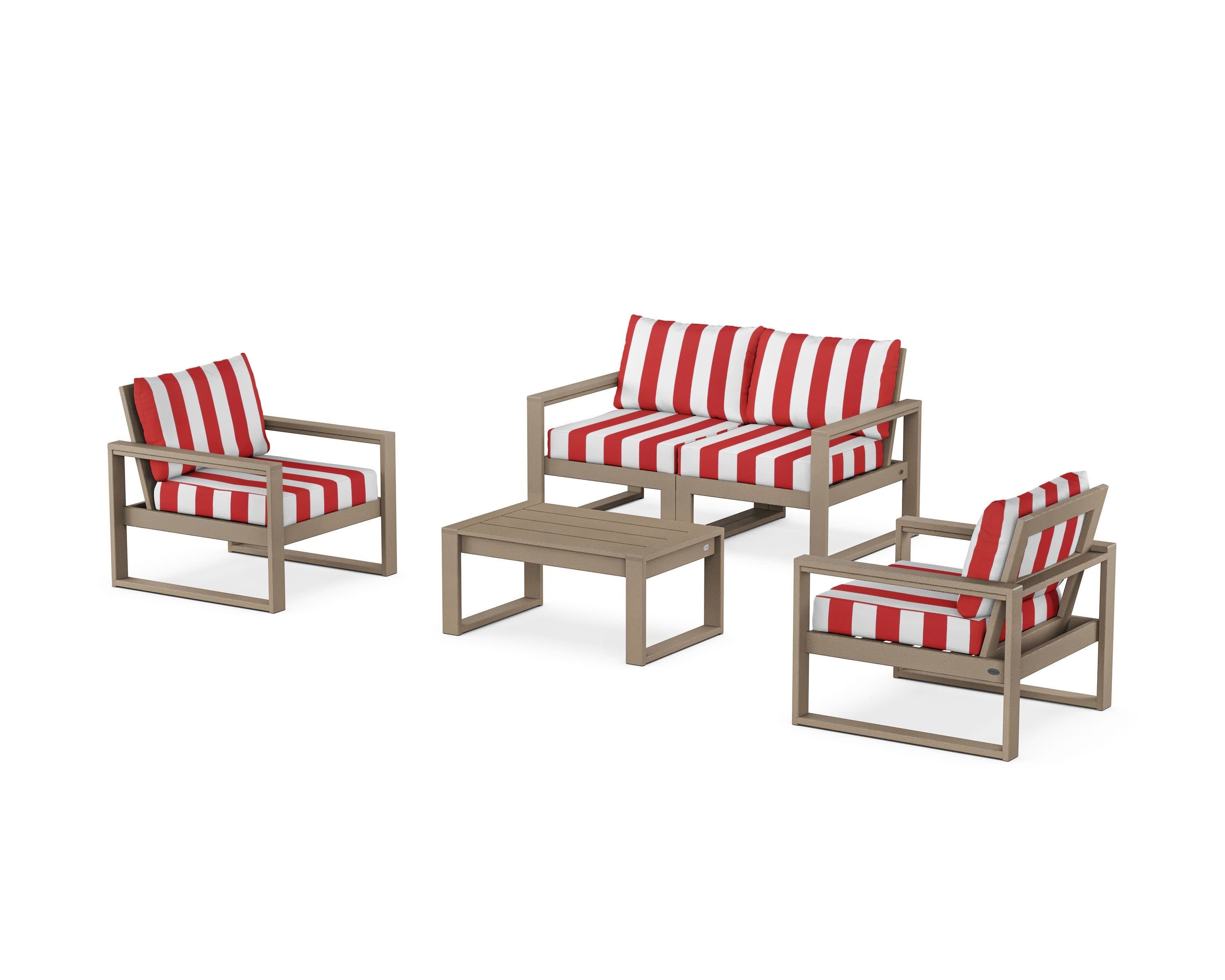 EDGE Sectional 4-Piece Deep Seating Set with Loveseat in Vintage Sahara / Cabana Stripe Crimson