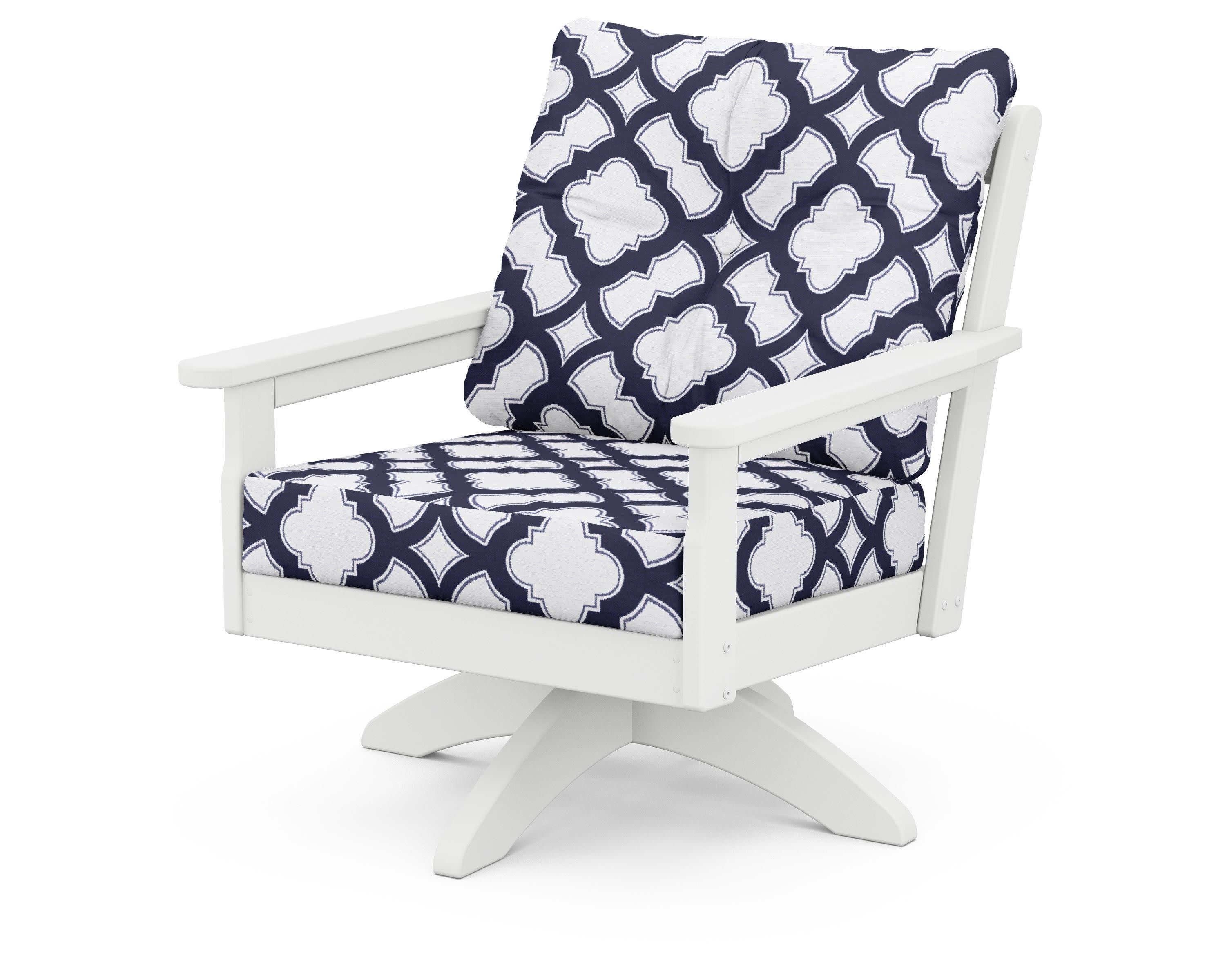 Vineyard Deep Seating Swivel Chair in White / Trellis Navy