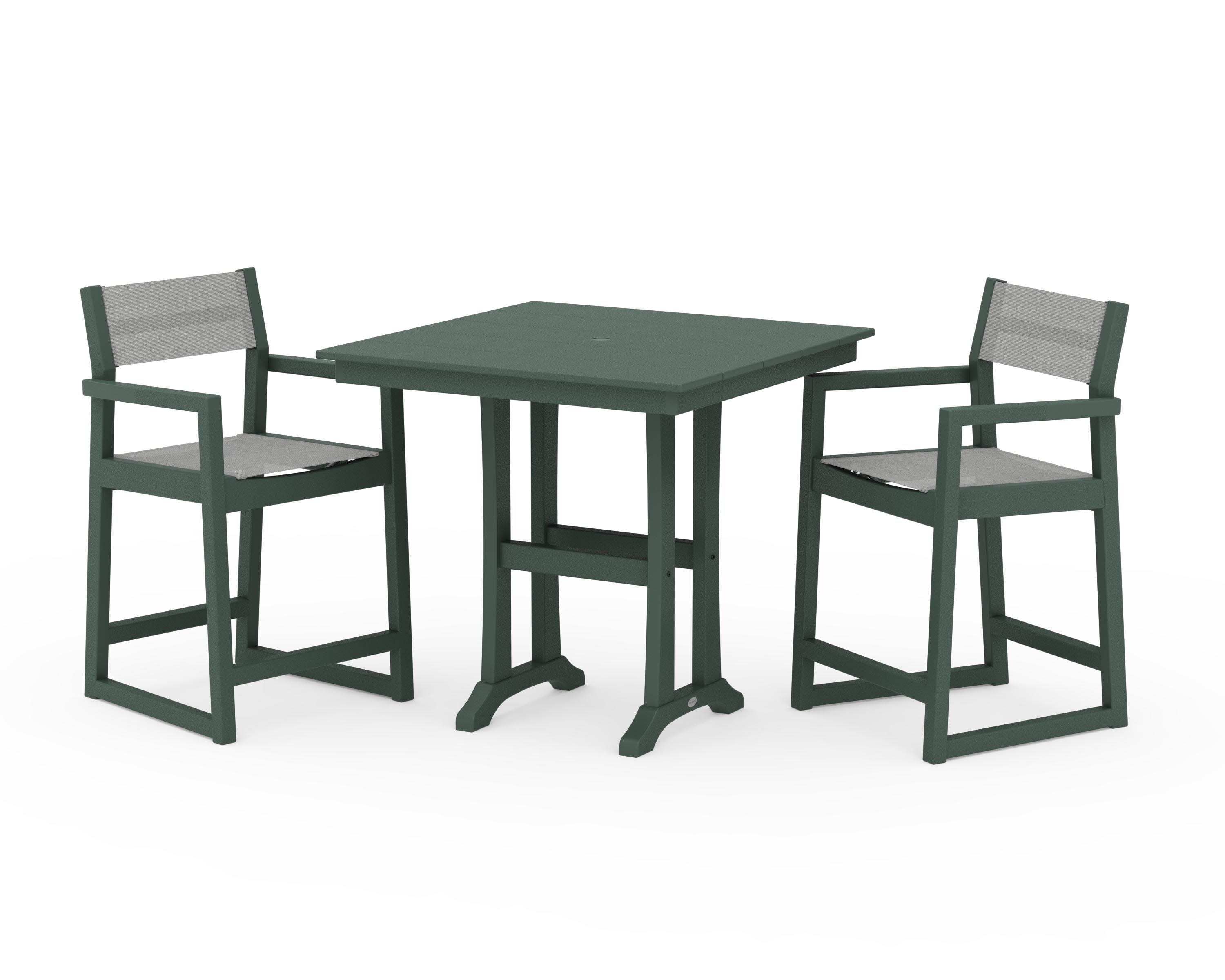 EDGE Sling Arm Chair 3-Piece Farmhouse Counter Set with Trestle Legs in Green / Metallic Sling