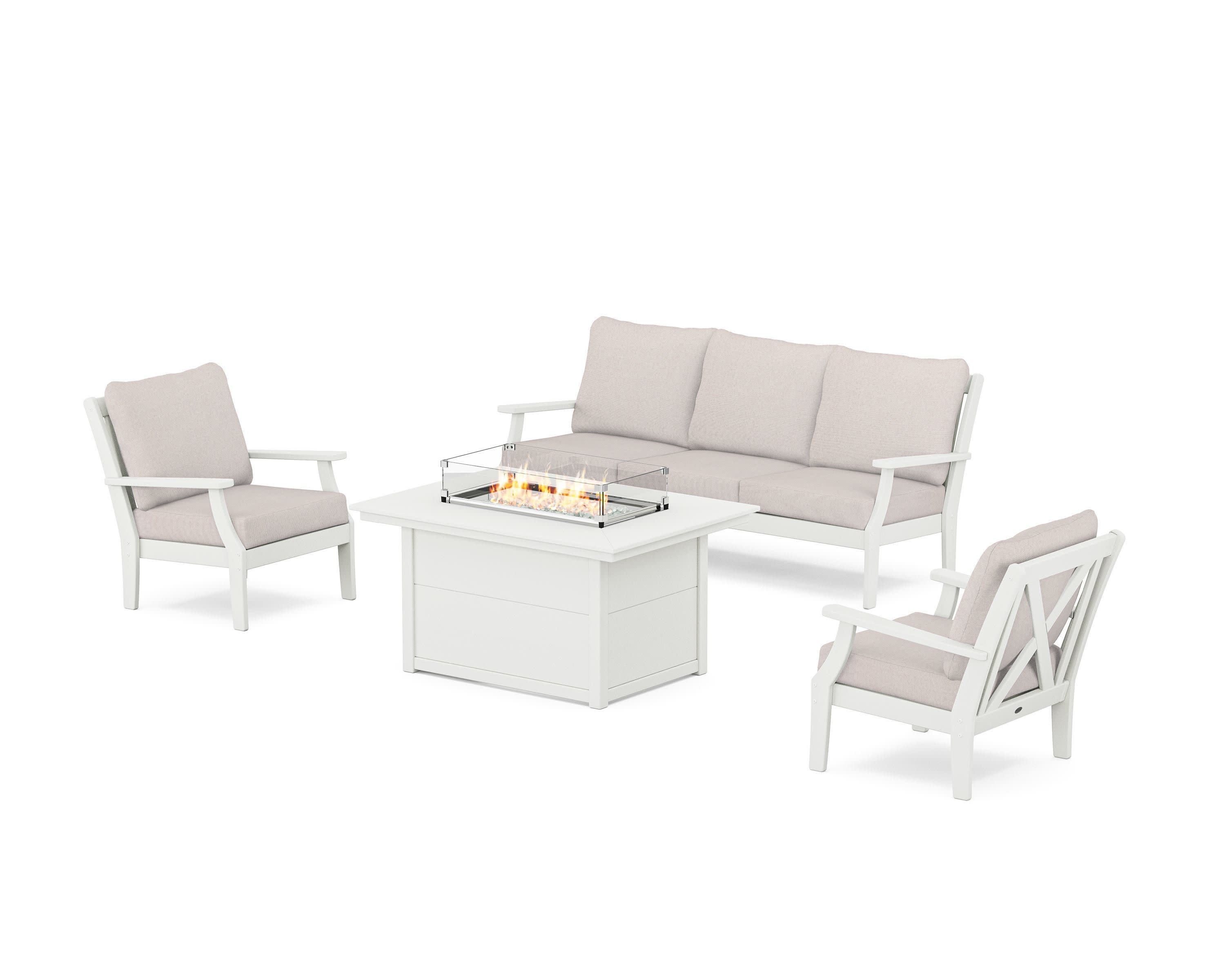 Braxton Deep Seating Fire Pit Table Set in Vintage White / Dune Burlap