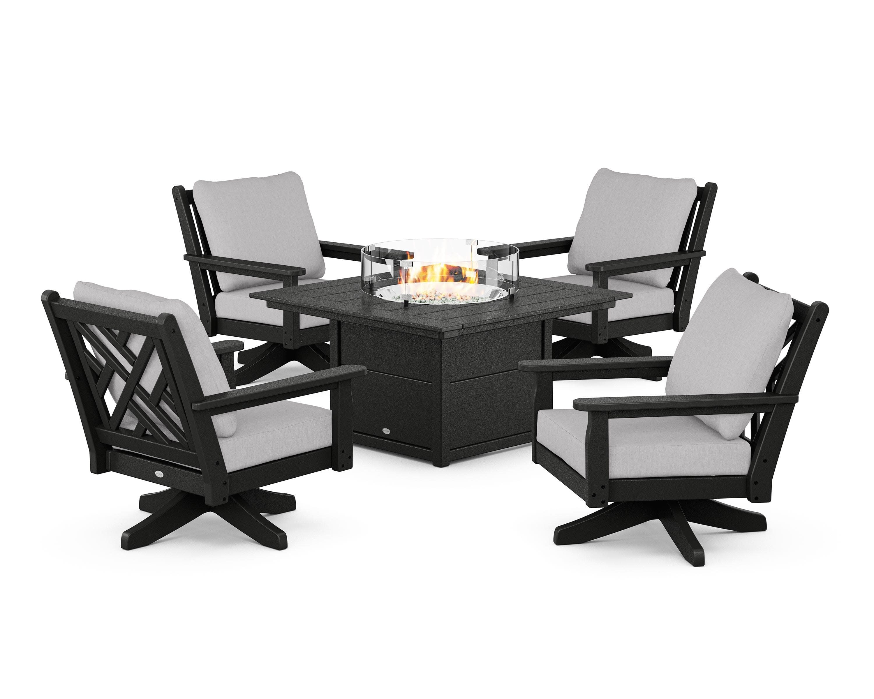 Chippendale 5-Piece Deep Seating Swivel Conversation Set with Fire Pit Table in Black / Granite