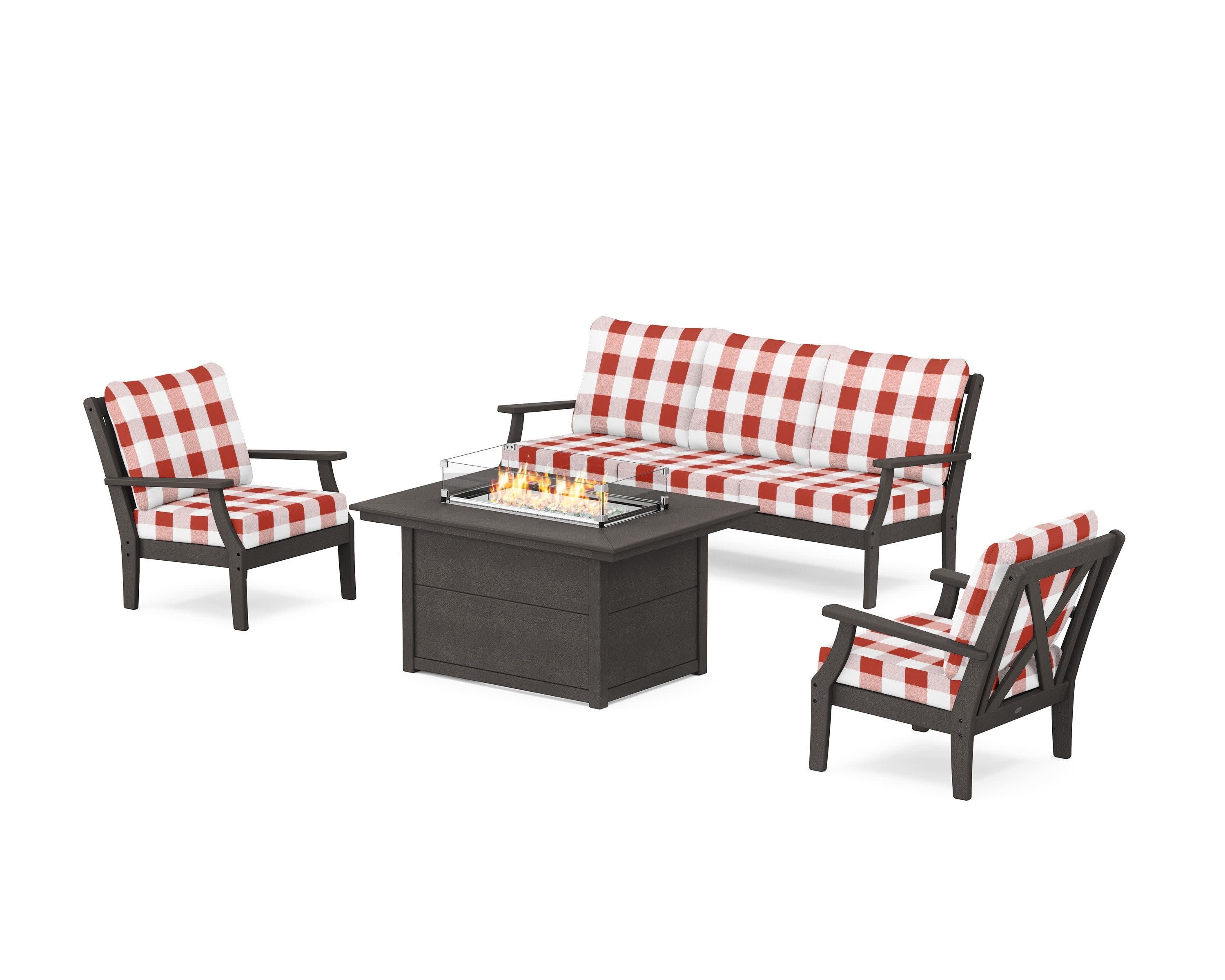 Braxton Deep Seating Fire Pit Table Set in Vintage Coffee / Buffalo Plaid Crimson