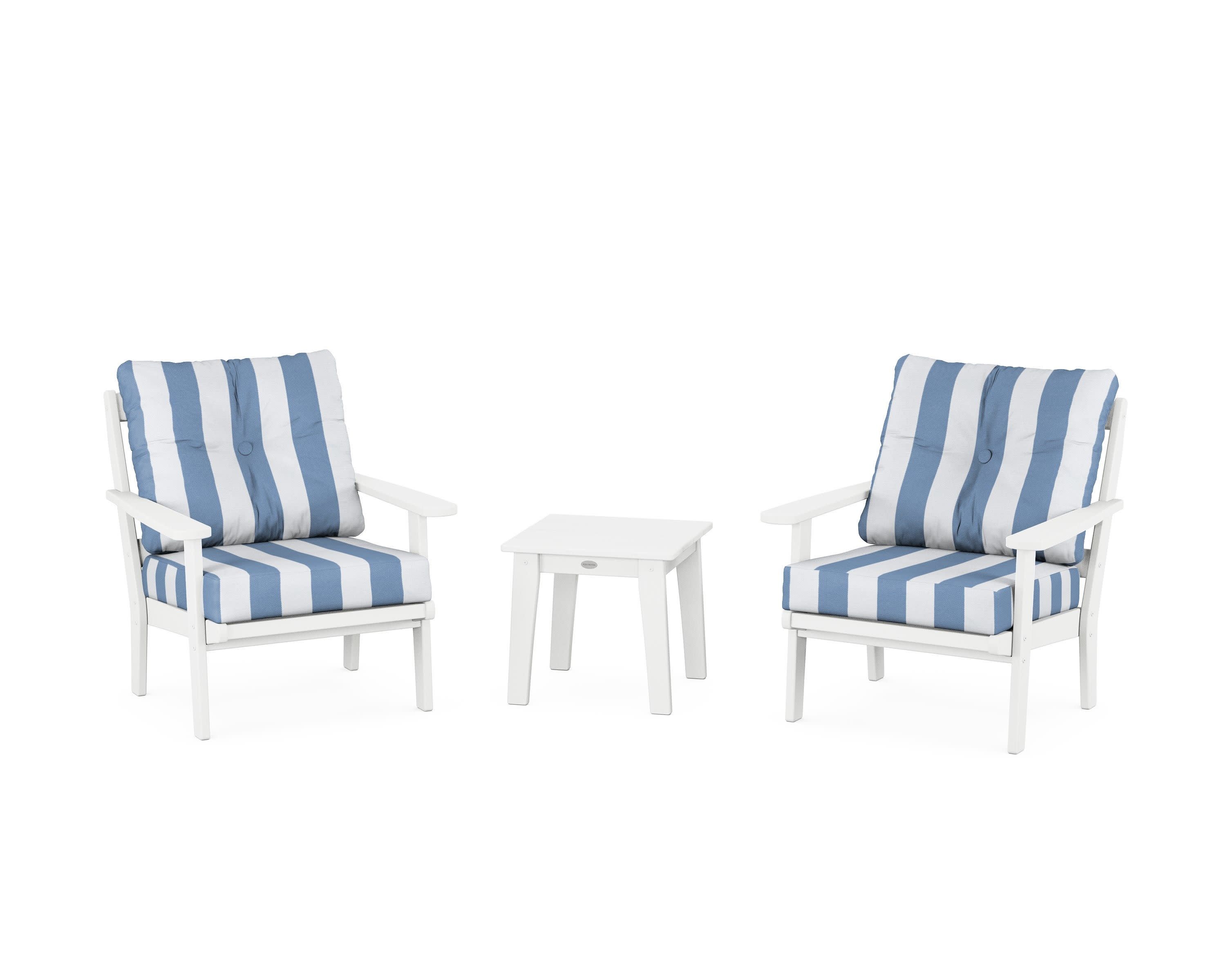 Mission 3-Piece Deep Seating Set in White / Cabana Stripe Sky Blue