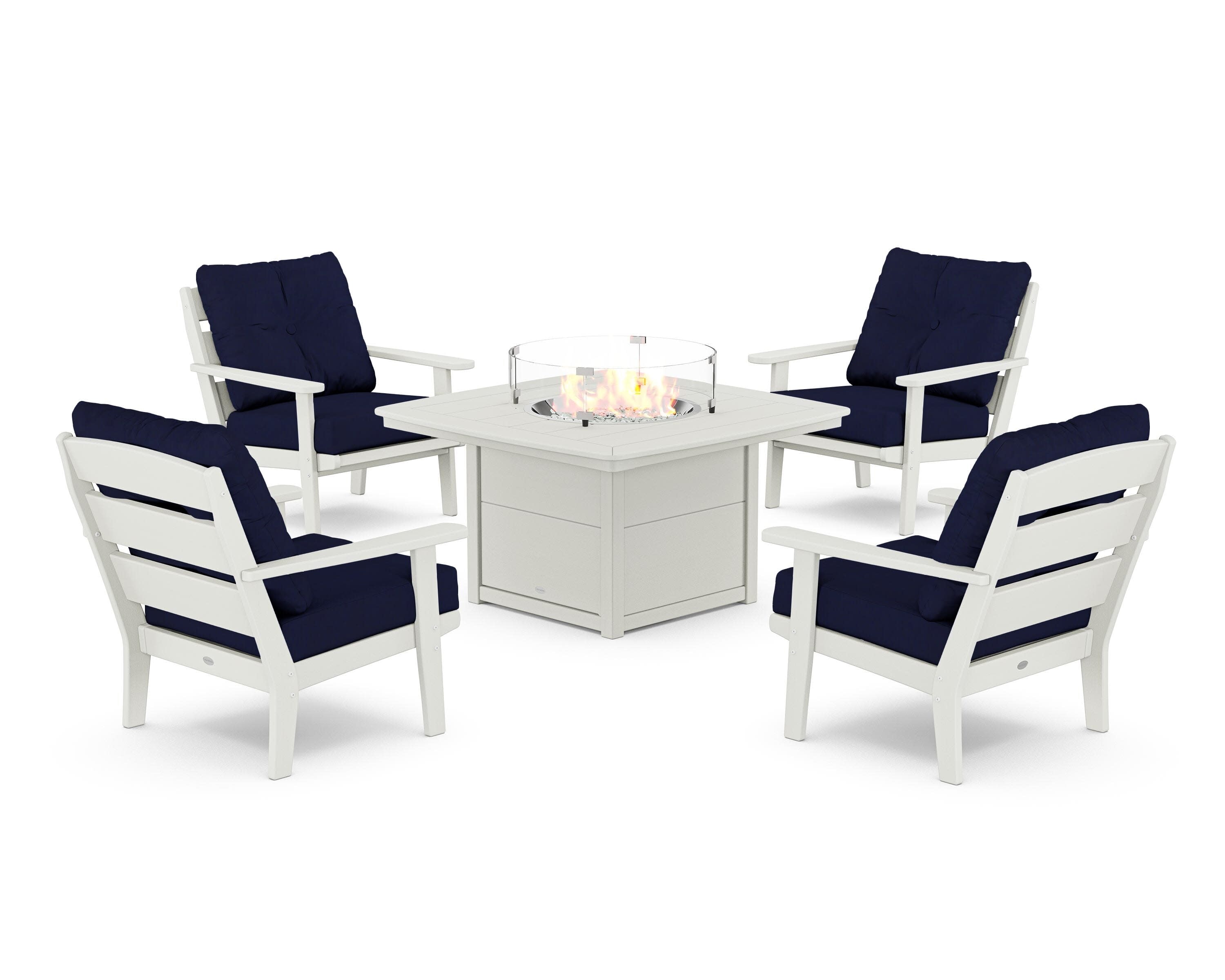 Lakeside 5-Piece Deep Seating Set with Nautical Fire Pit Table in Vintage White / Navy