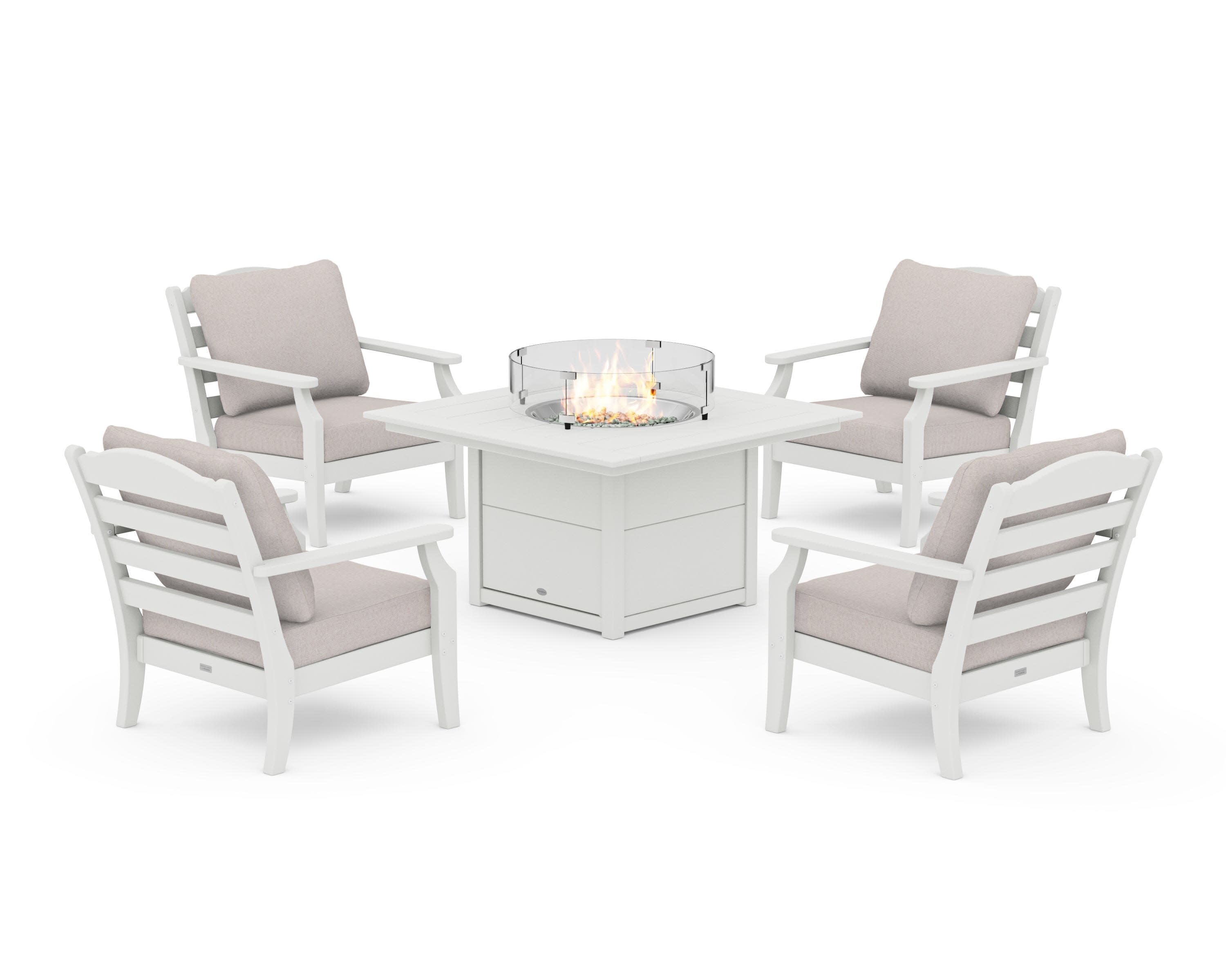 Savannah 5-Piece Deep Seating Set with Fire Pit Table in Vintage White / Dune Burlap