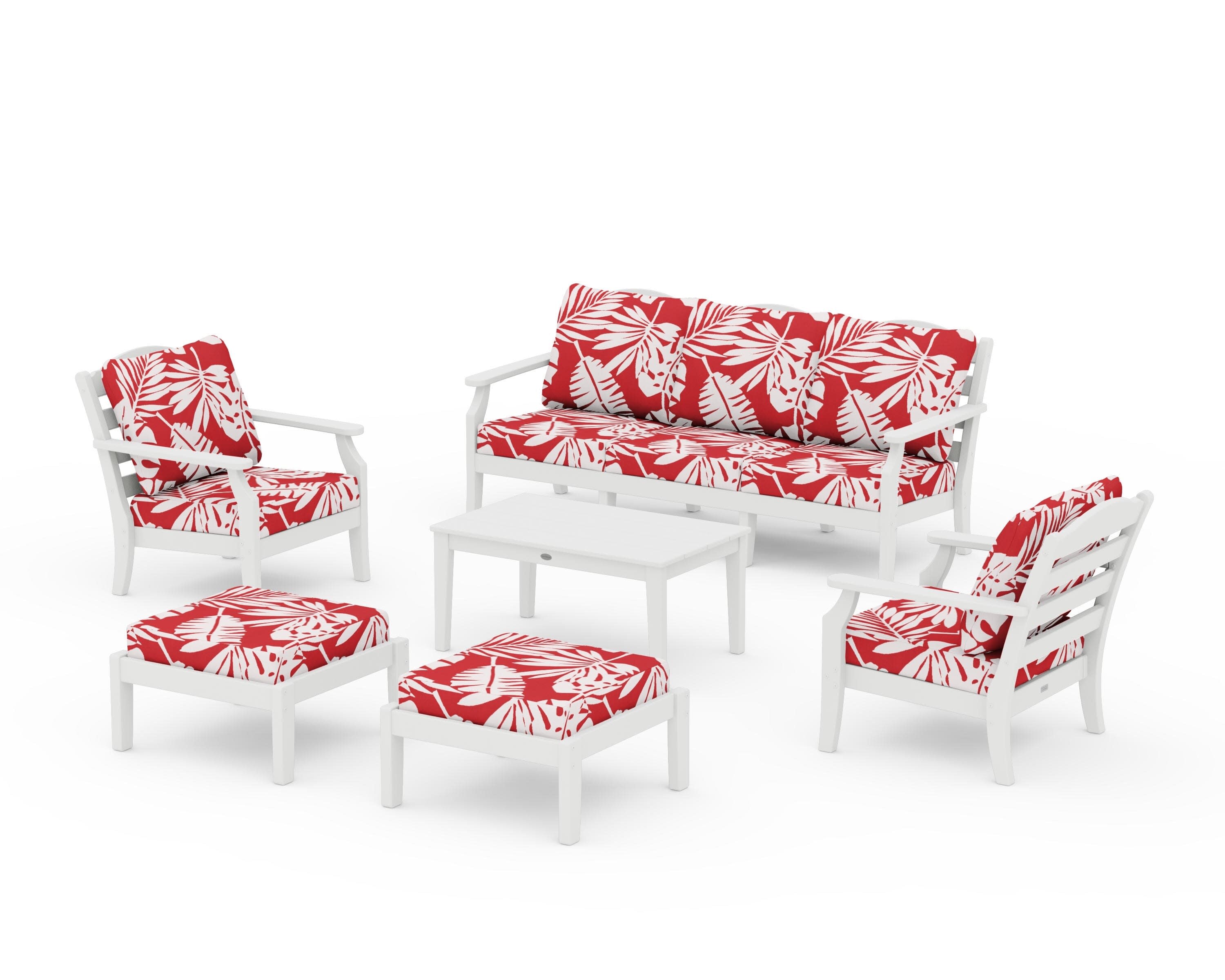 Savannah 6-Piece Lounge Sofa Set in White / Leaf Crimson