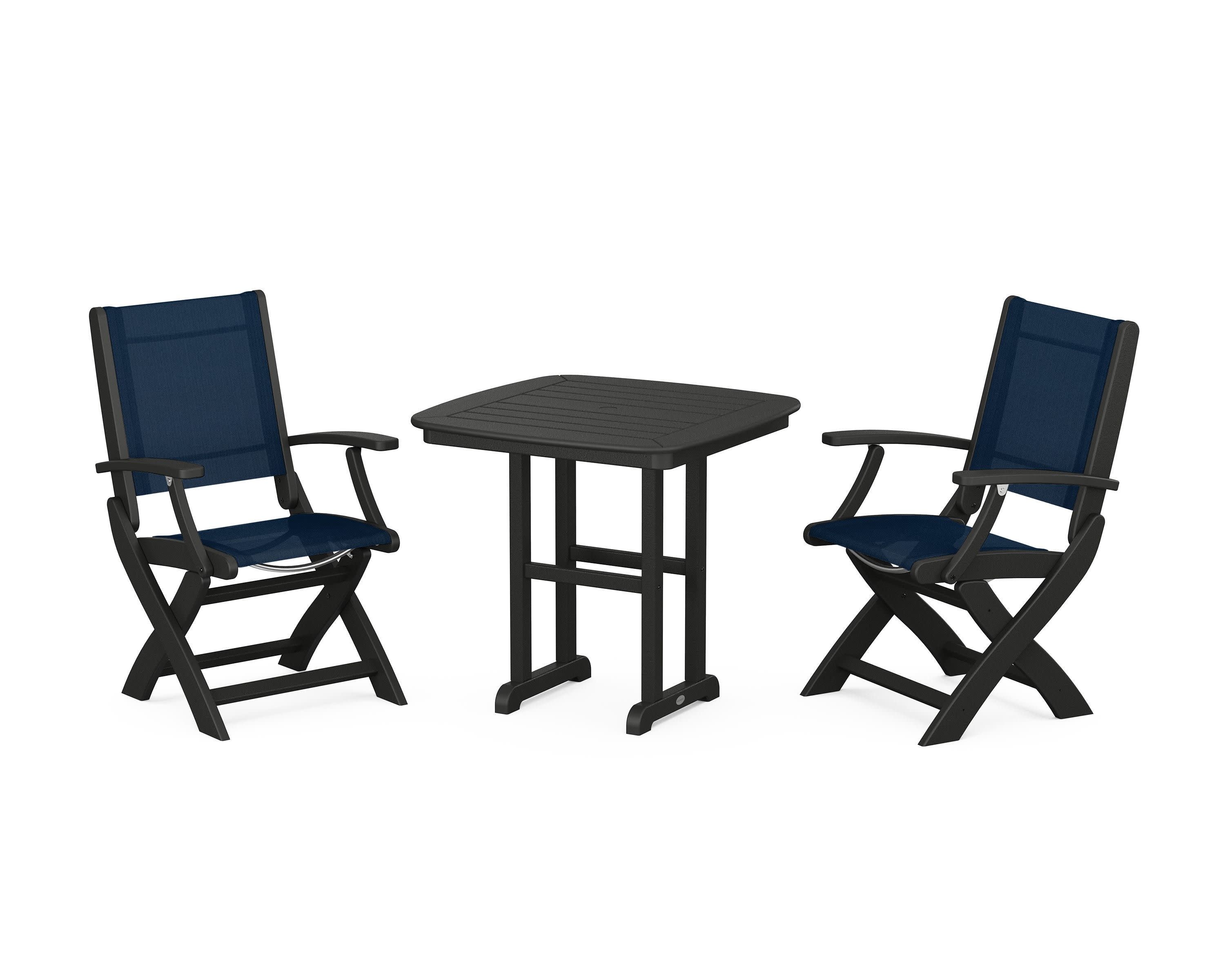 Coastal Folding Chair 3-Piece Dining Set in Black / Navy Blue Sling