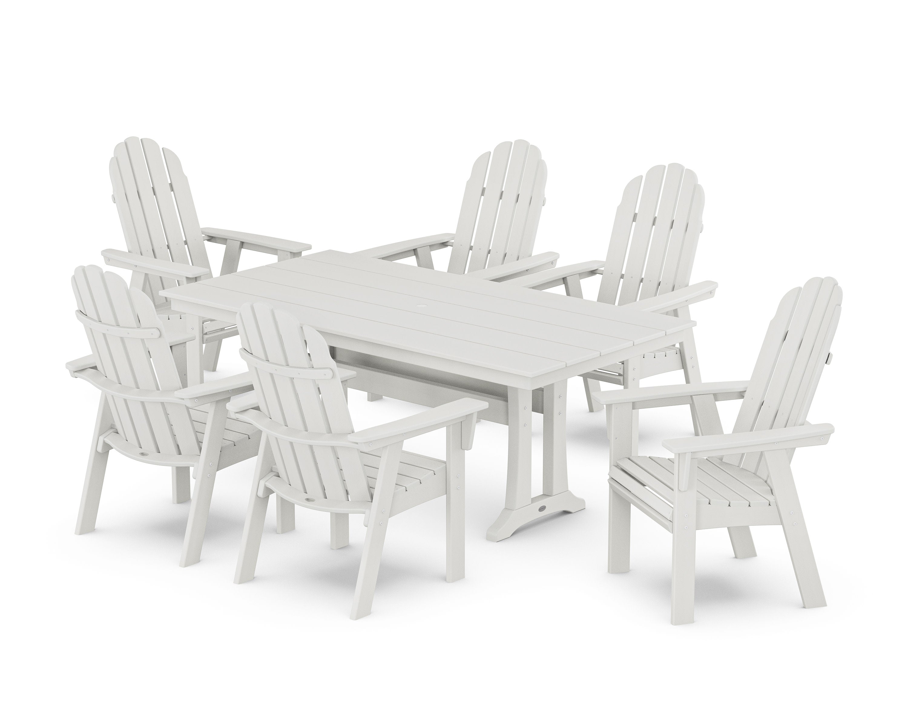 Vineyard Curveback Adirondack Chair 7-Piece Farmhouse Dining Set with Trestle Legs in Vintage White