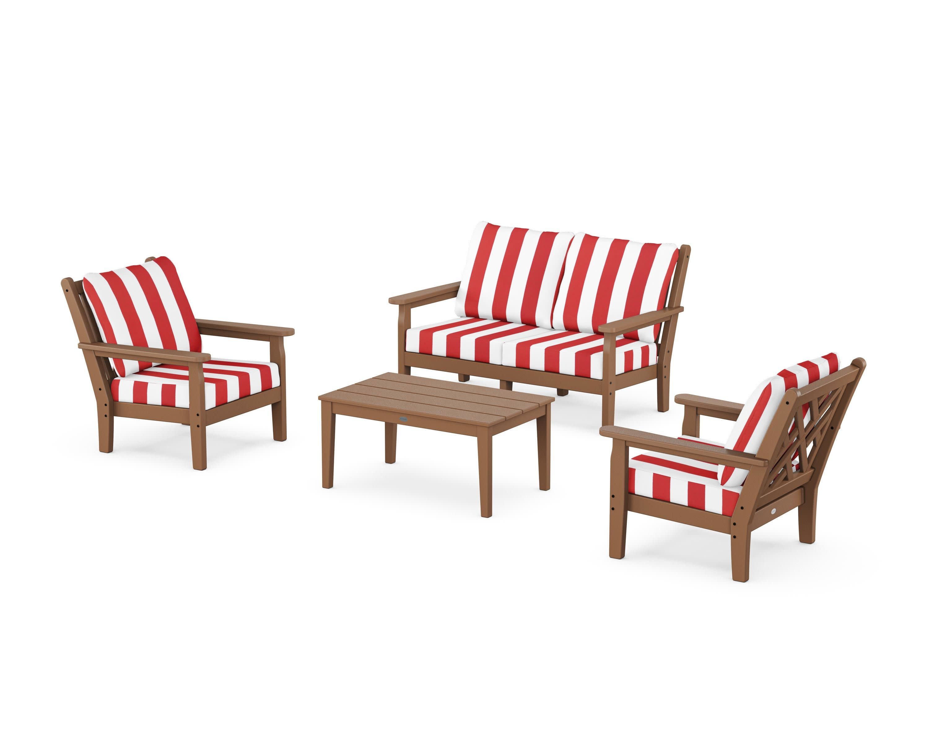 Chippendale 4-Piece Deep Seating Set with Loveseat in Teak / Cabana Stripe Crimson